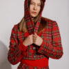 ROWAN mini casual suit in red and green plaid fabric. Natural fabrics, original design, handmade embroidery