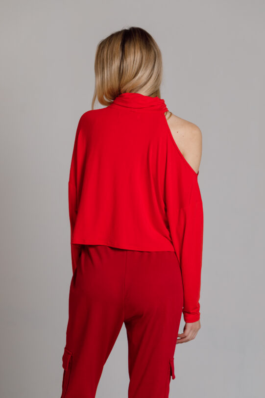 Red ALORA blouse with cut-out shoulder. Natural fabrics, original design, handmade embroidery