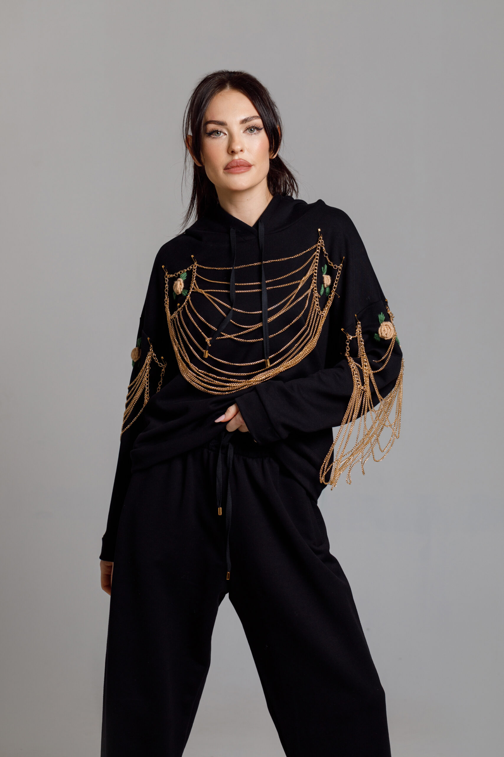 MARS black sweatshirt with chain and embroidery. Natural fabrics, original design, handmade embroidery