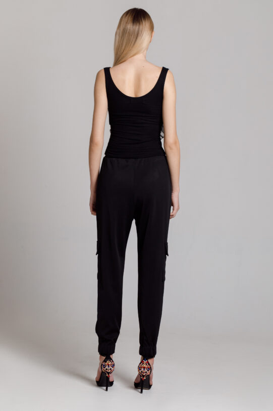 Black VAN pants with applied pockets. Natural fabrics, original design, handmade embroidery