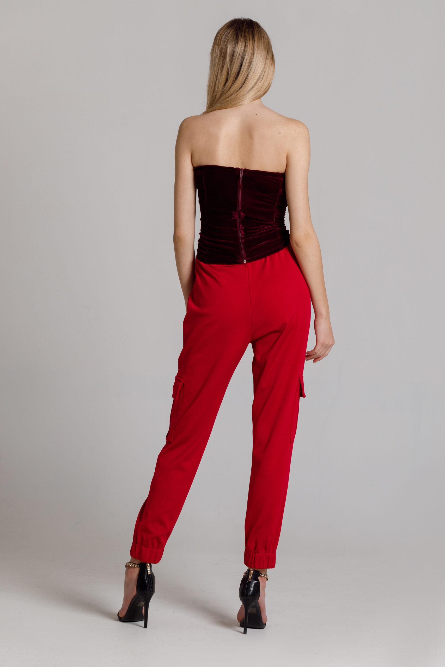 Burgundy VAN trousers with applied pockets. Natural fabrics, original design, handmade embroidery