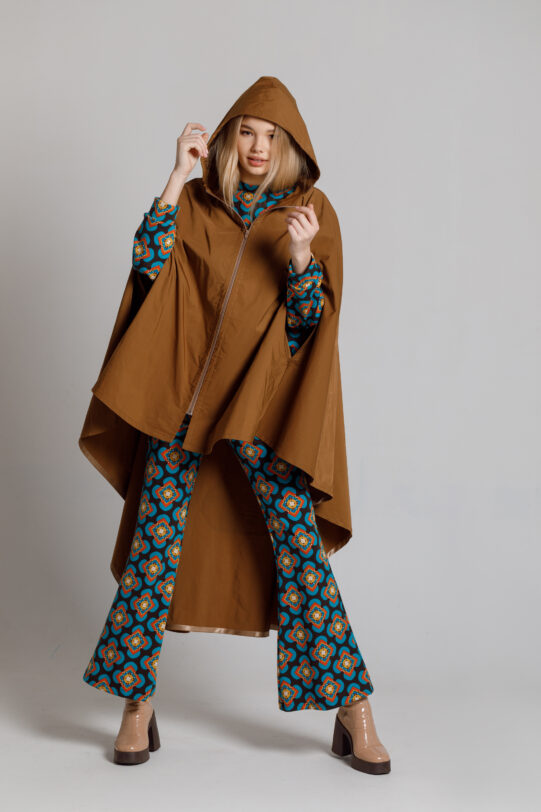 Malina brown cape with applications on the back. Natural fabrics, original design, handmade embroidery
