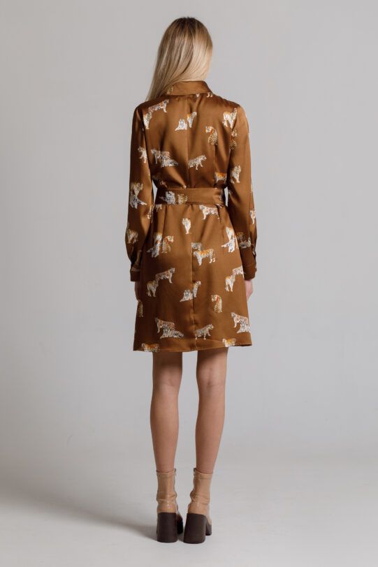 Brown capri dress/shirt with print. Natural fabrics, original design, handmade embroidery