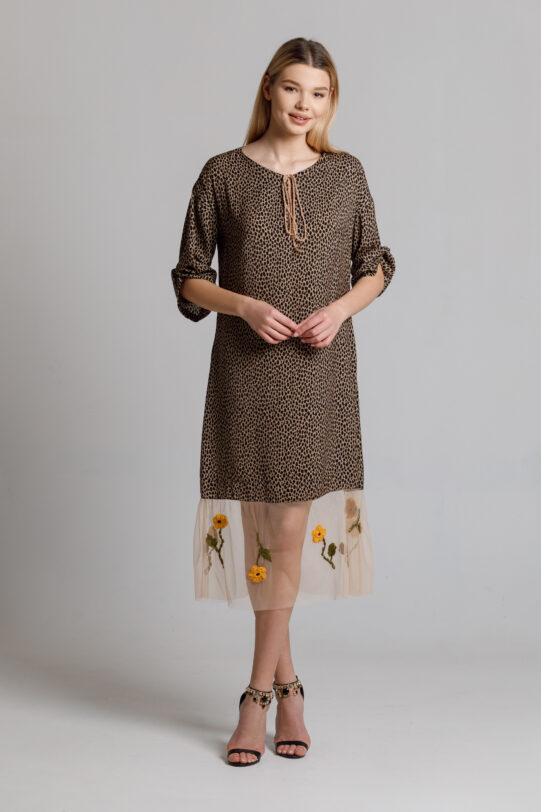 Dina dress with animal print and embroidered tulle. Natural fabrics, original design, handmade embroidery