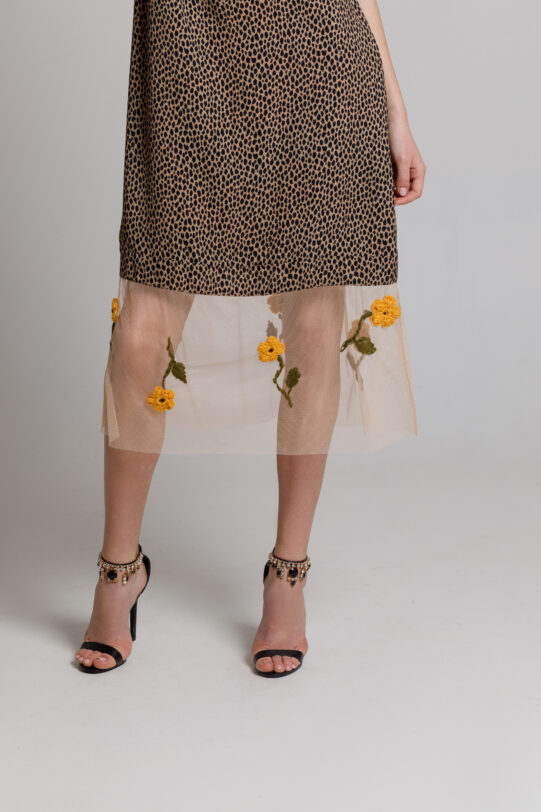 Dina dress with animal print and embroidered tulle. Natural fabrics, original design, handmade embroidery