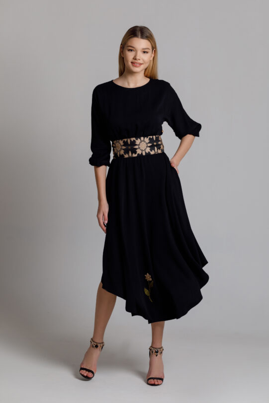 Black Elka dress with belt. Natural fabrics, original design, handmade embroidery