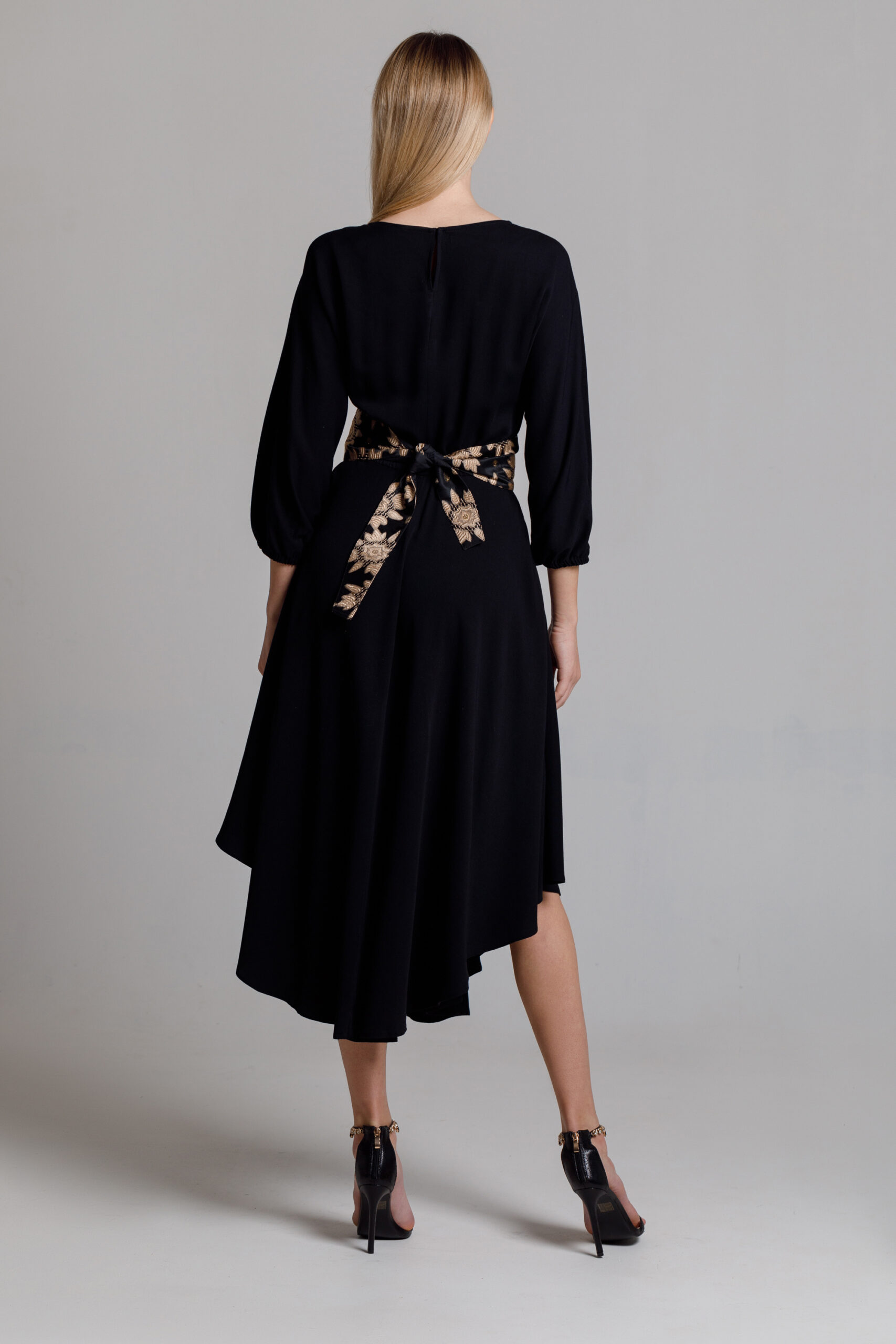 Black Elka dress with belt. Natural fabrics, original design, handmade embroidery