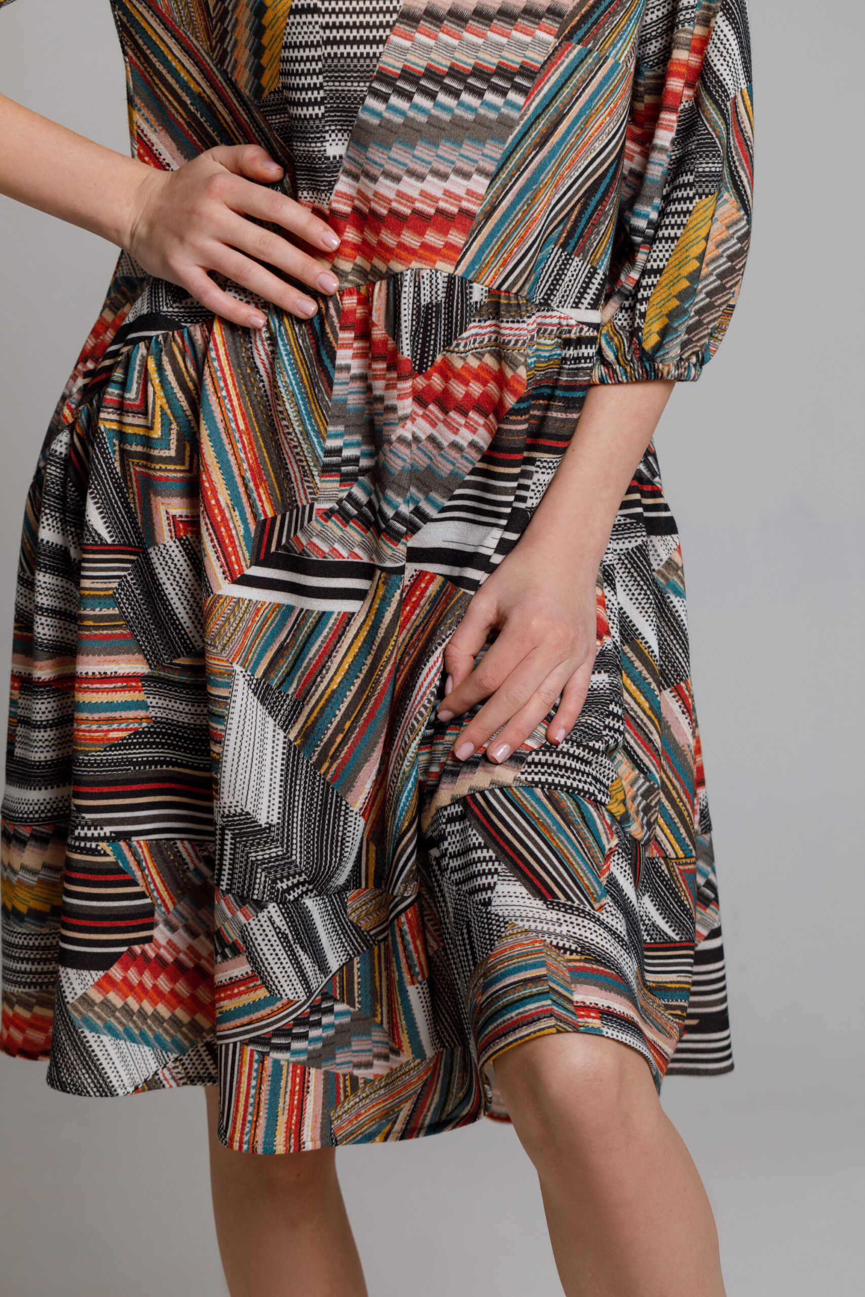 Multicolored jersey Judy dress. Natural fabrics, original design, handmade embroidery