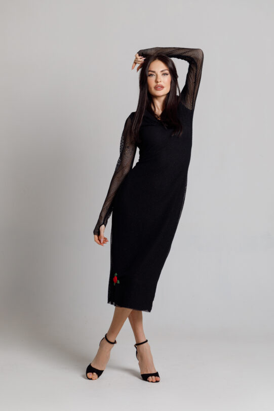 Lexy 23 black mesh dress with hood. Natural fabrics, original design, handmade embroidery