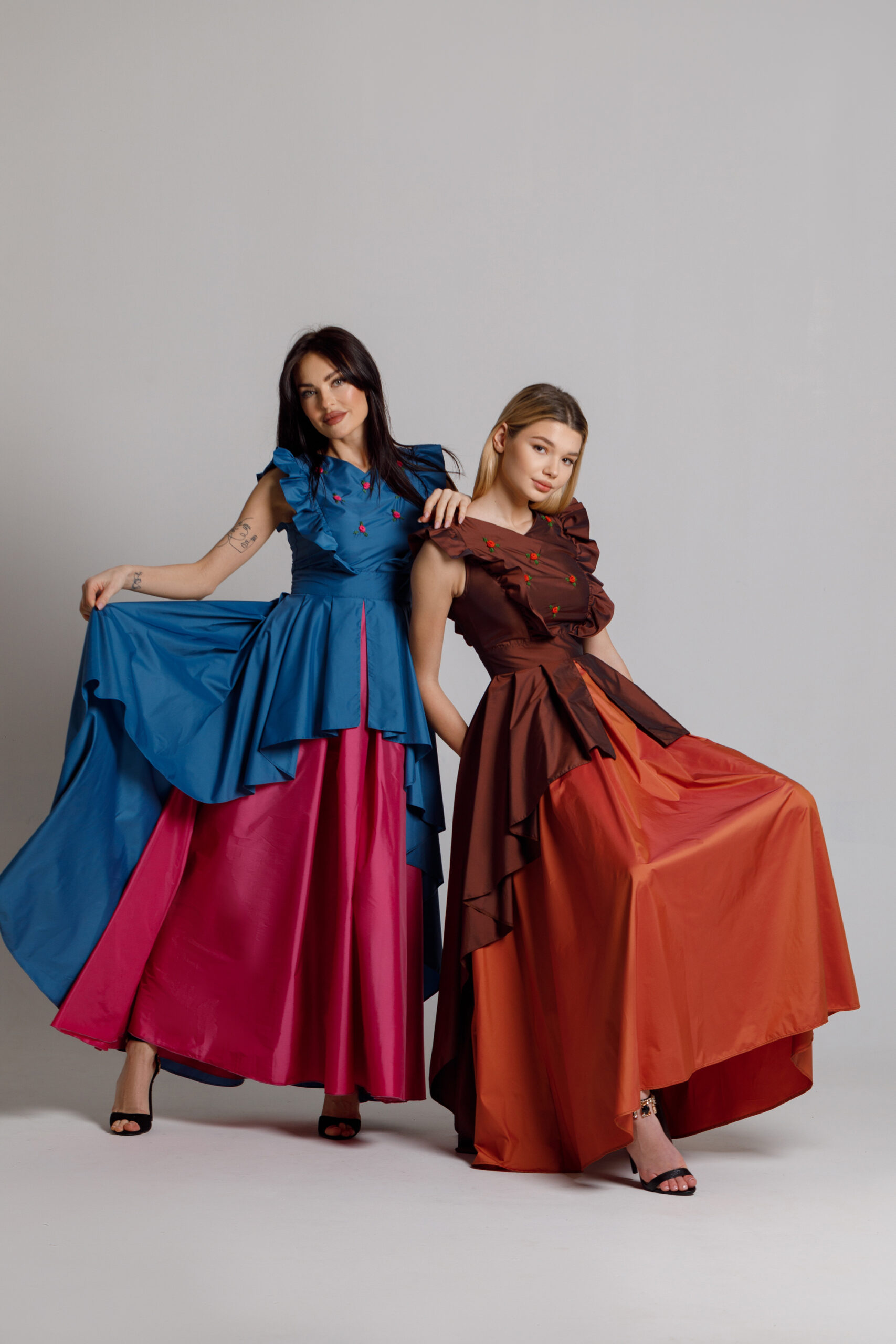 Elegant long blue ROSE dress. Natural fabrics, original design, handmade embroidery