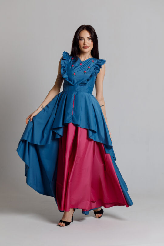 Rochie ROSE albastru lunga eleganta. Materiale naturale, design unicat, cu broderie si aplicatii handmade