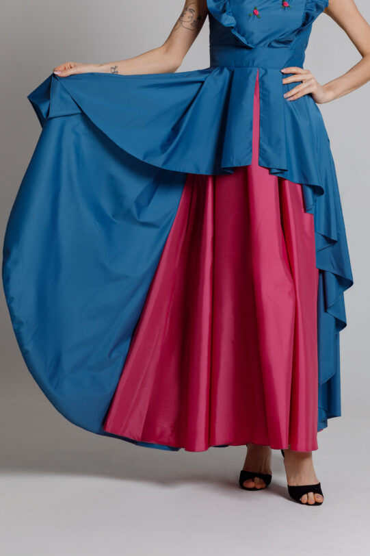 Rochie ROSE albastru lunga eleganta. Materiale naturale, design unicat, cu broderie si aplicatii handmade
