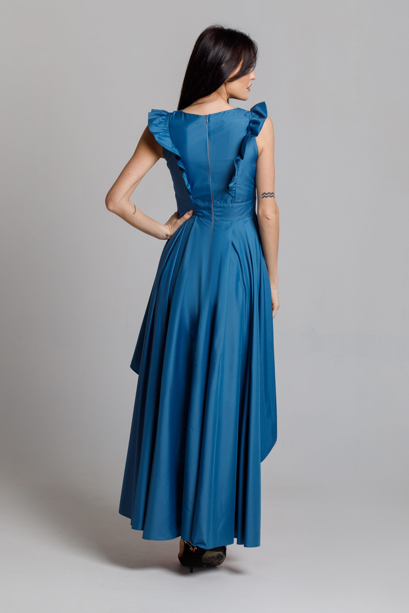 Elegant long blue ROSE dress. Natural fabrics, original design, handmade embroidery