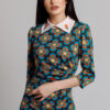 Valda dress with print and embroidered collar. Natural fabrics, original design, handmade embroidery