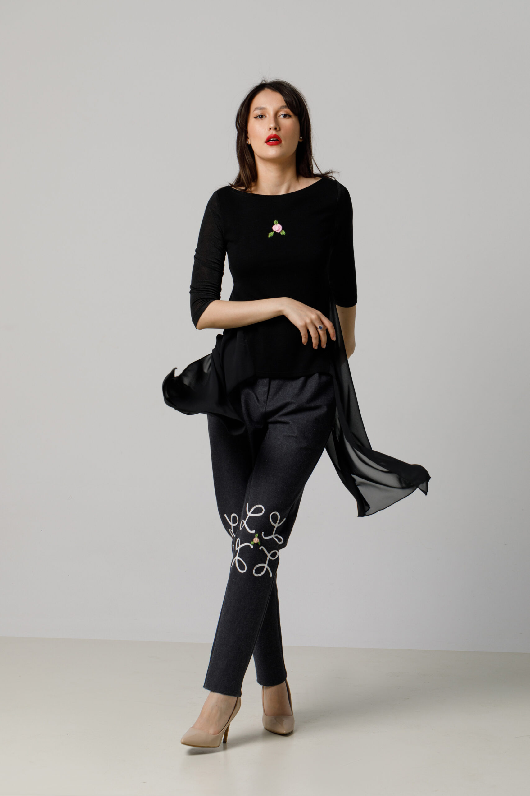 IONA Casual black blouse with veil side scarves. Natural fabrics, original design, handmade embroidery