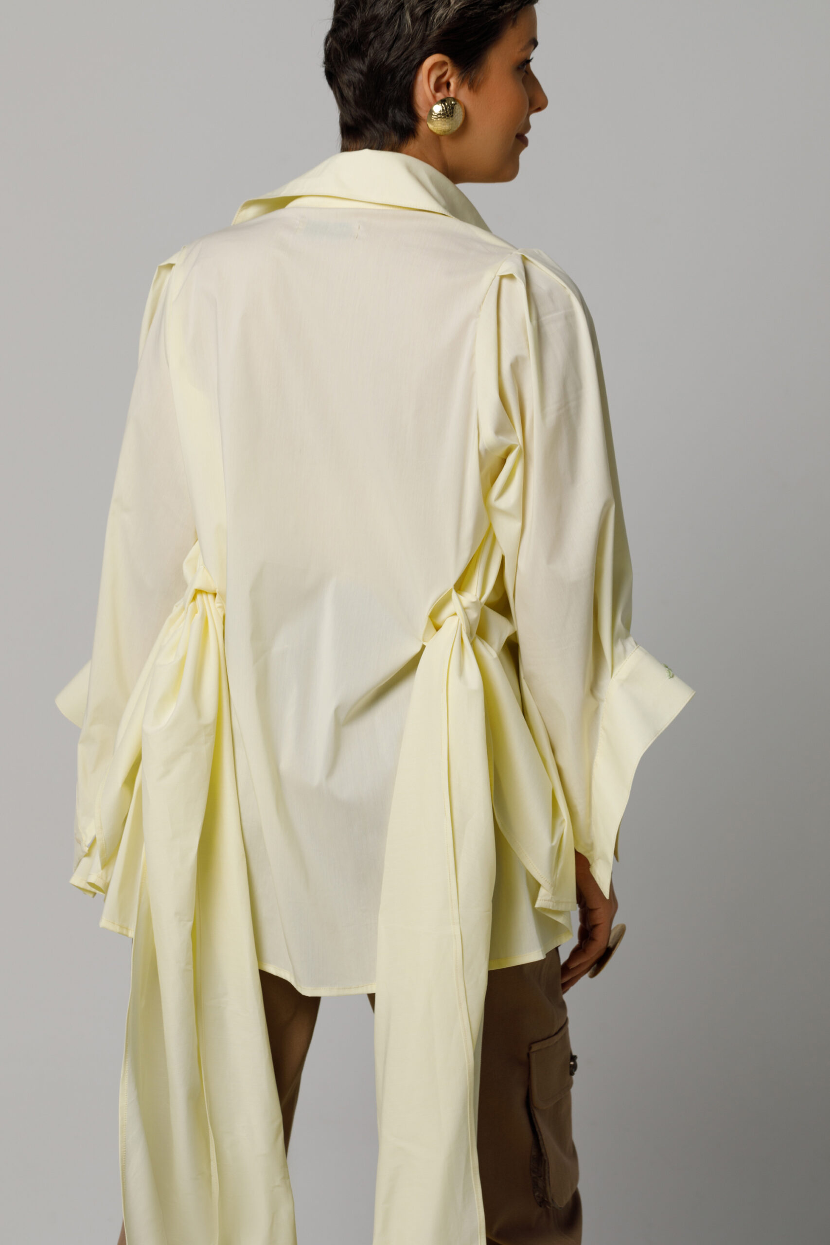 BIANCO Yellow shirt with oversize cord. Natural fabrics, original design, handmade embroidery