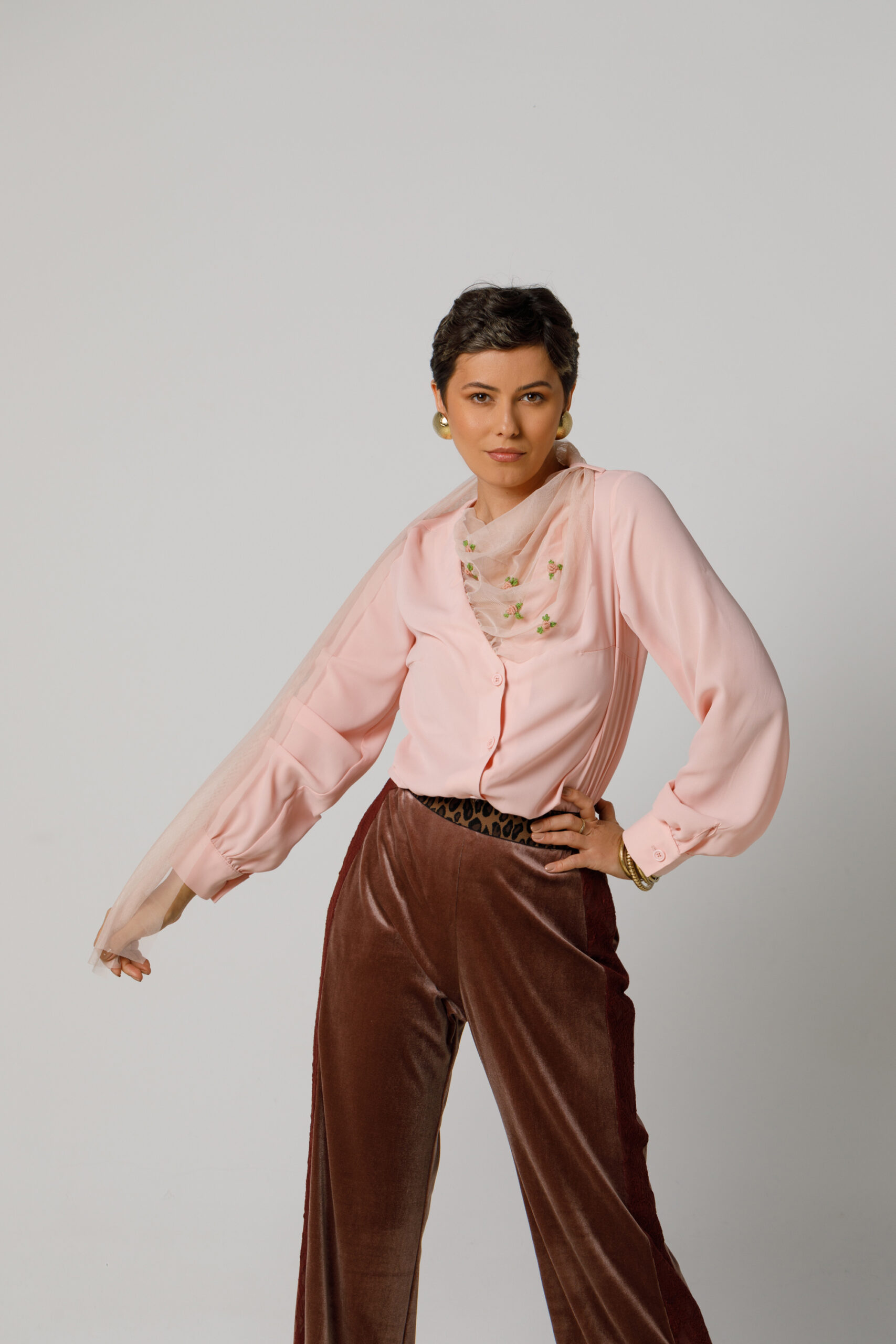 ETTA Elegant pink shirt with scarf and floral embroidery. Natural fabrics, original design, handmade embroidery