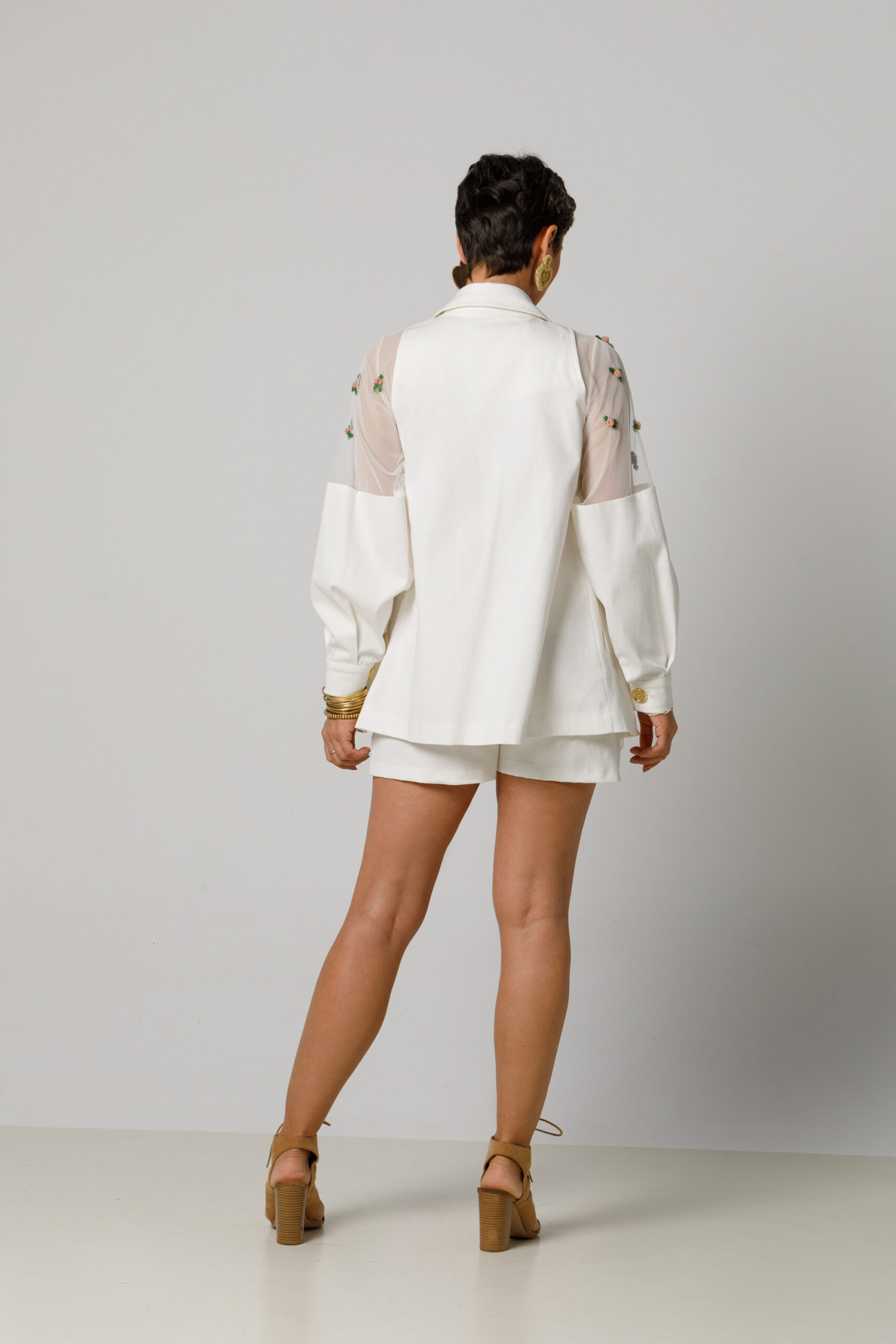 INEZ  White jacket with embroidered transparent shoulders. Natural fabrics, original design, handmade embroidery