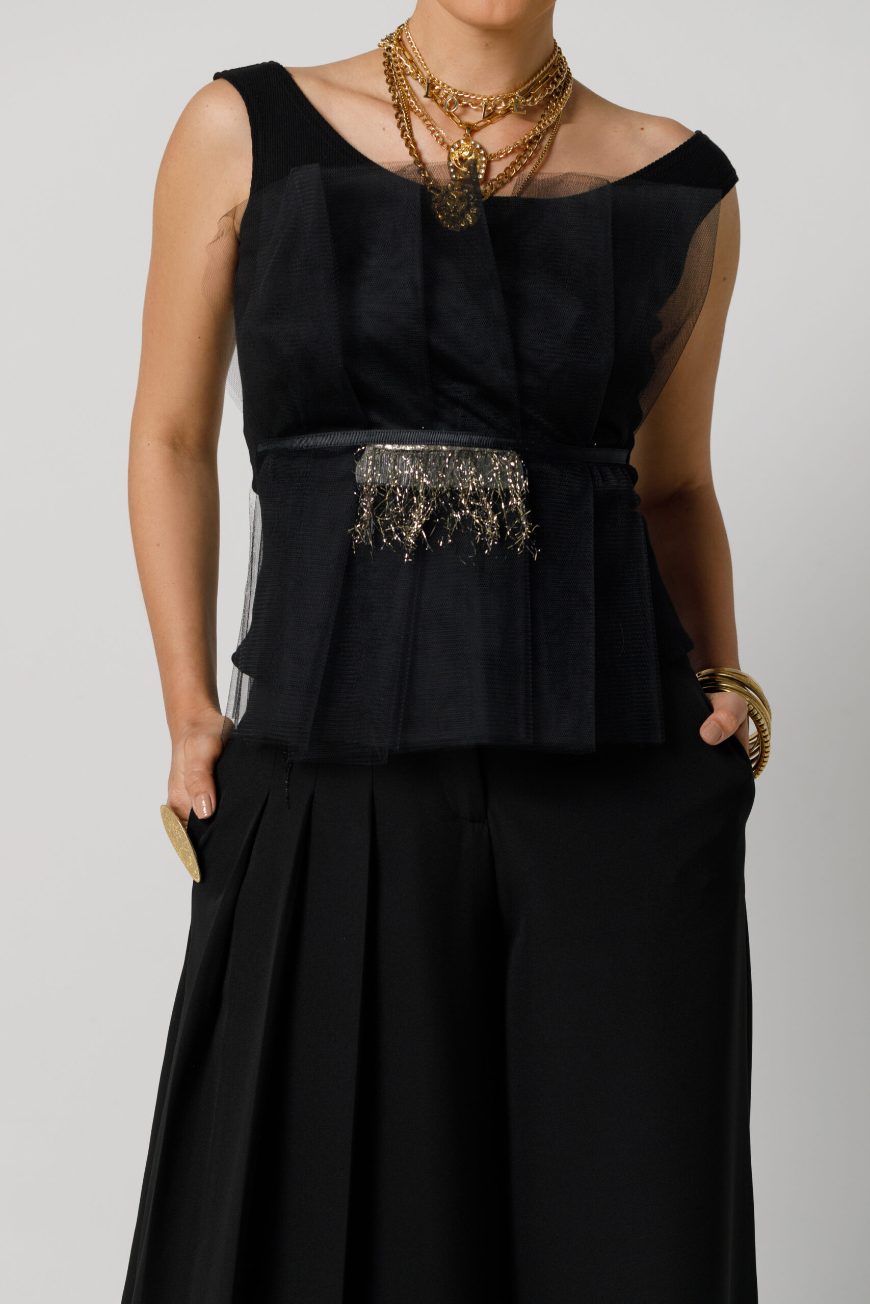 Top ASHA elegant cu tul drapat negru. Materiale naturale, design unicat, cu broderie si aplicatii handmade