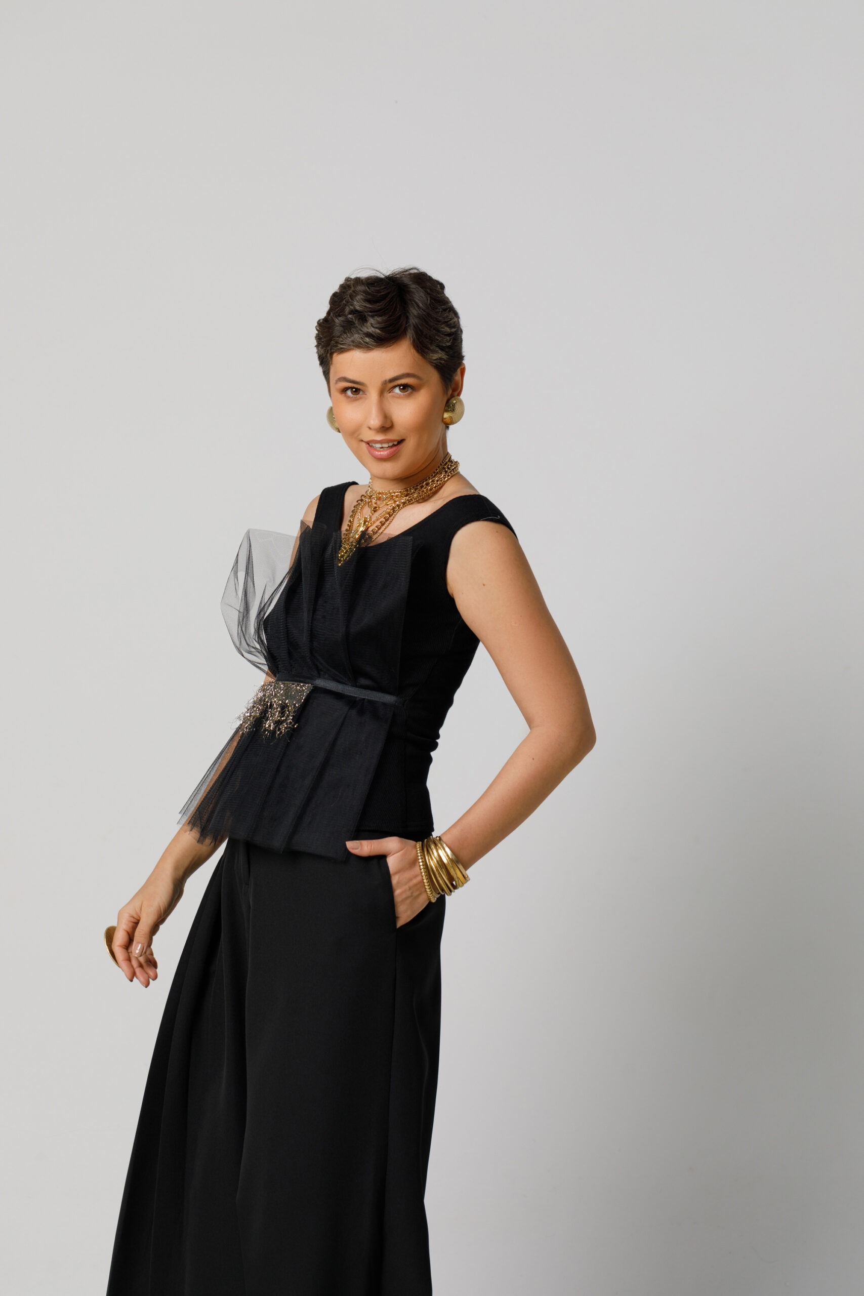 ASHA Elegant top with black draped tulle. Natural fabrics, original design, handmade embroidery