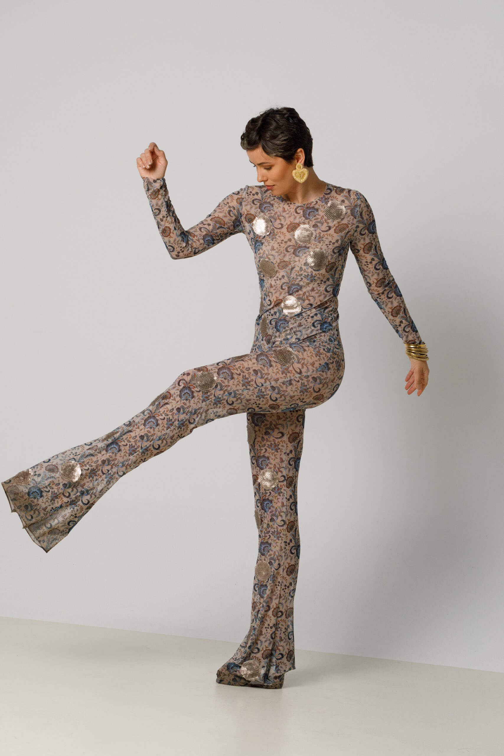 KIA Floral trousers in tulle and sequin appliqués. Natural fabrics, original design, handmade embroidery
