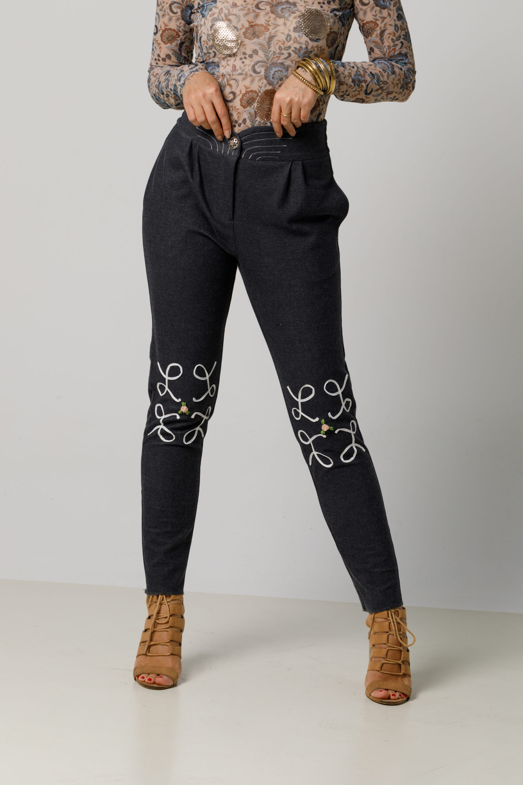 SACSY Casual gray denim pants. Natural fabrics, original design, handmade embroidery