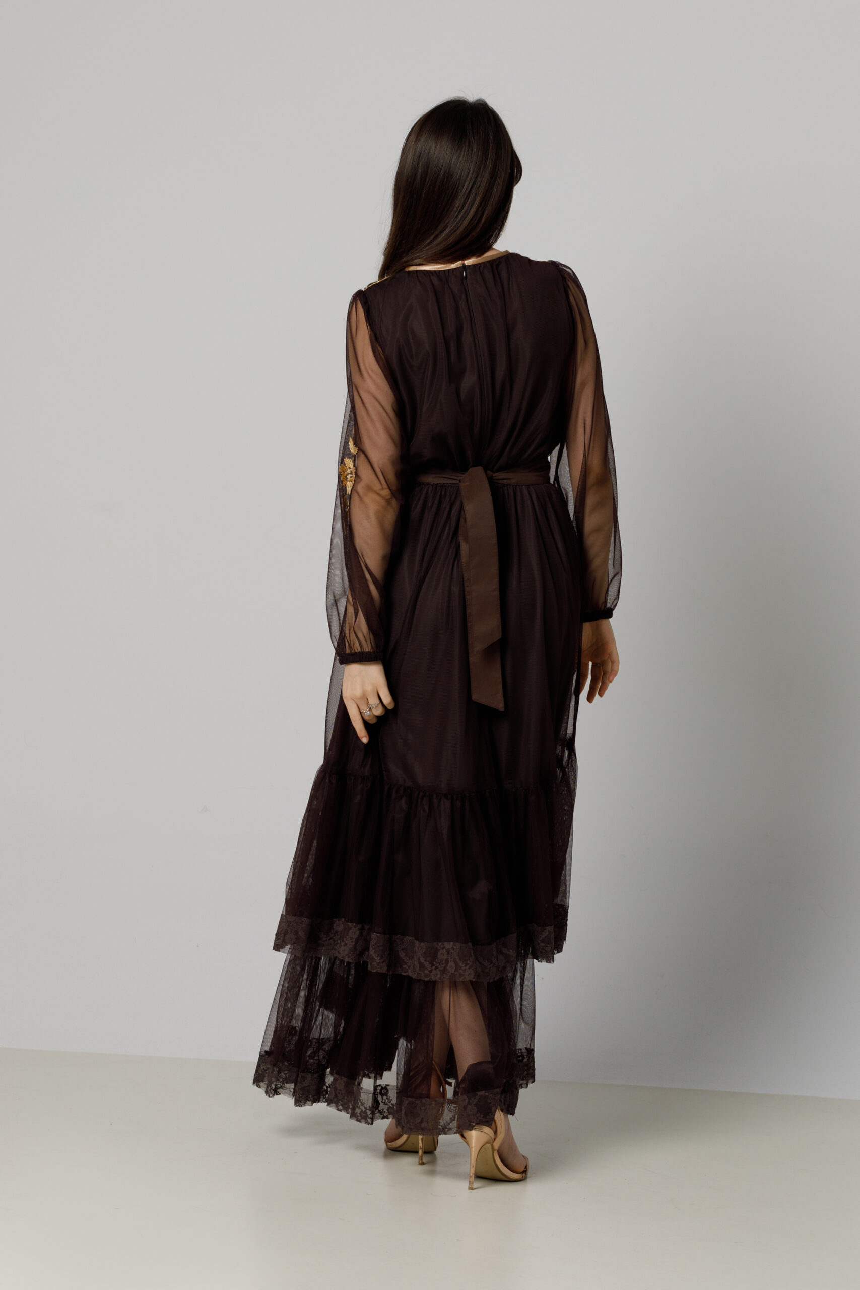 Long brown AMARIS dress with lace ruffle and floral embroidery. Natural fabrics, original design, handmade embroidery
