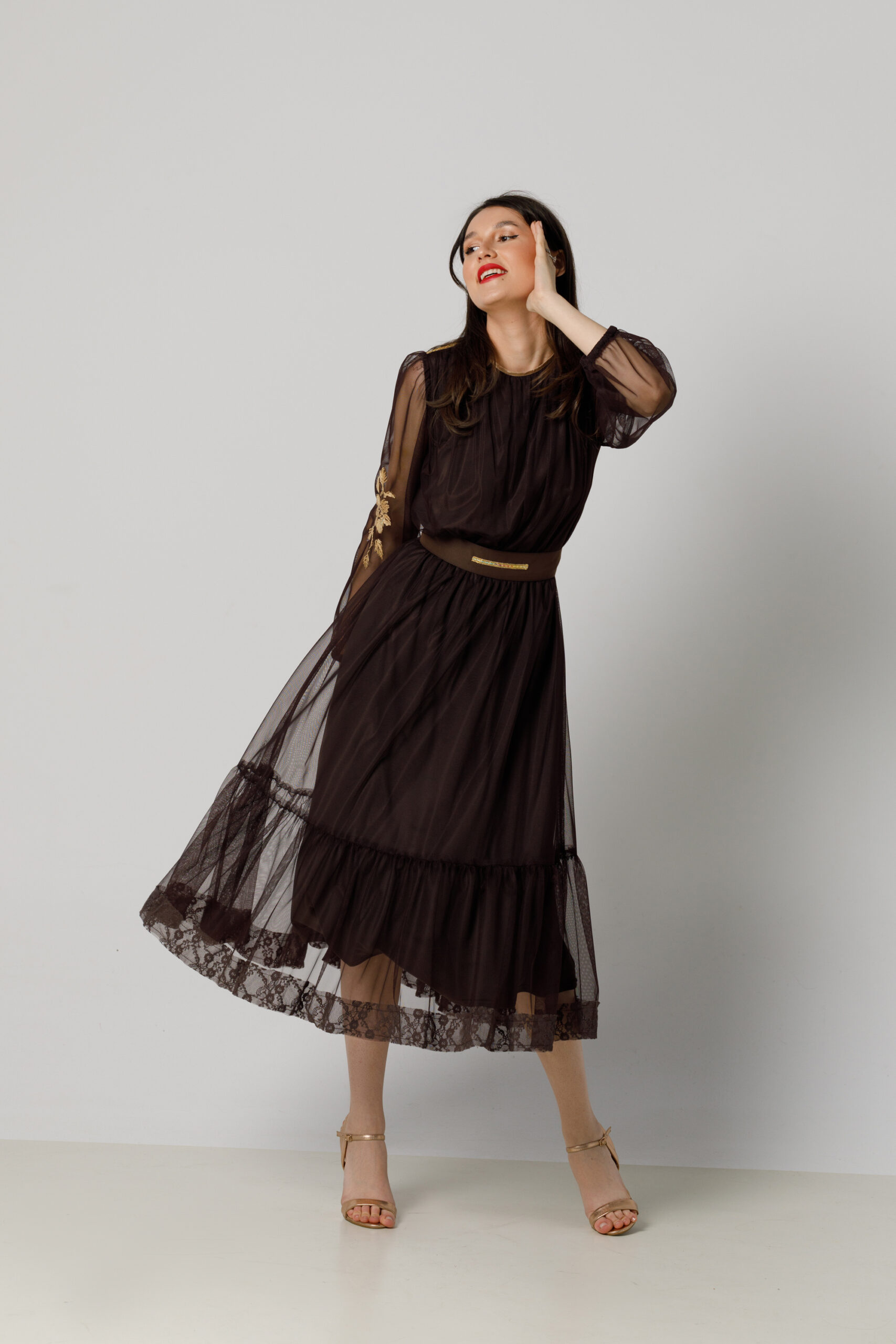 AMARIS brown SHORT elegant dress made of tulle and lace. Natural fabrics, original design, handmade embroidery