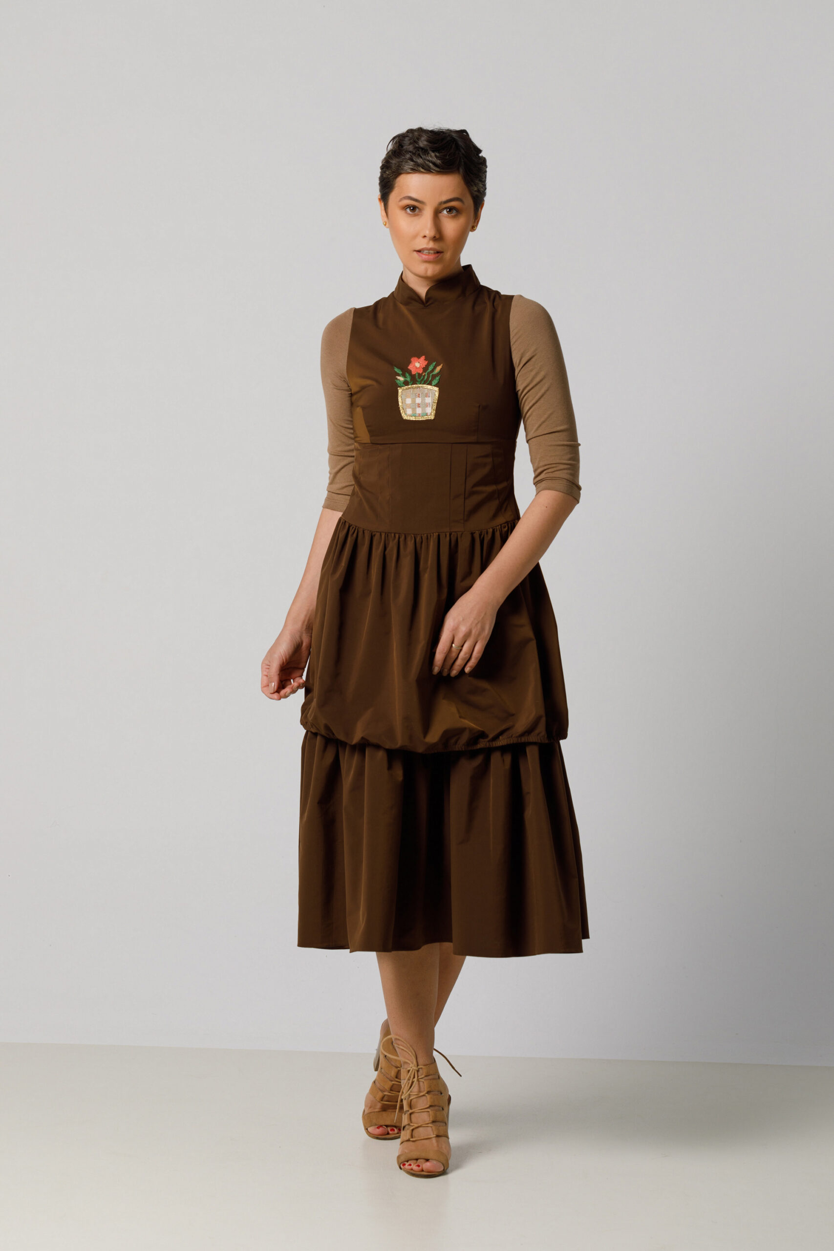 AVENA Long brown dress with double ruffles. Natural fabrics, original design, handmade embroidery