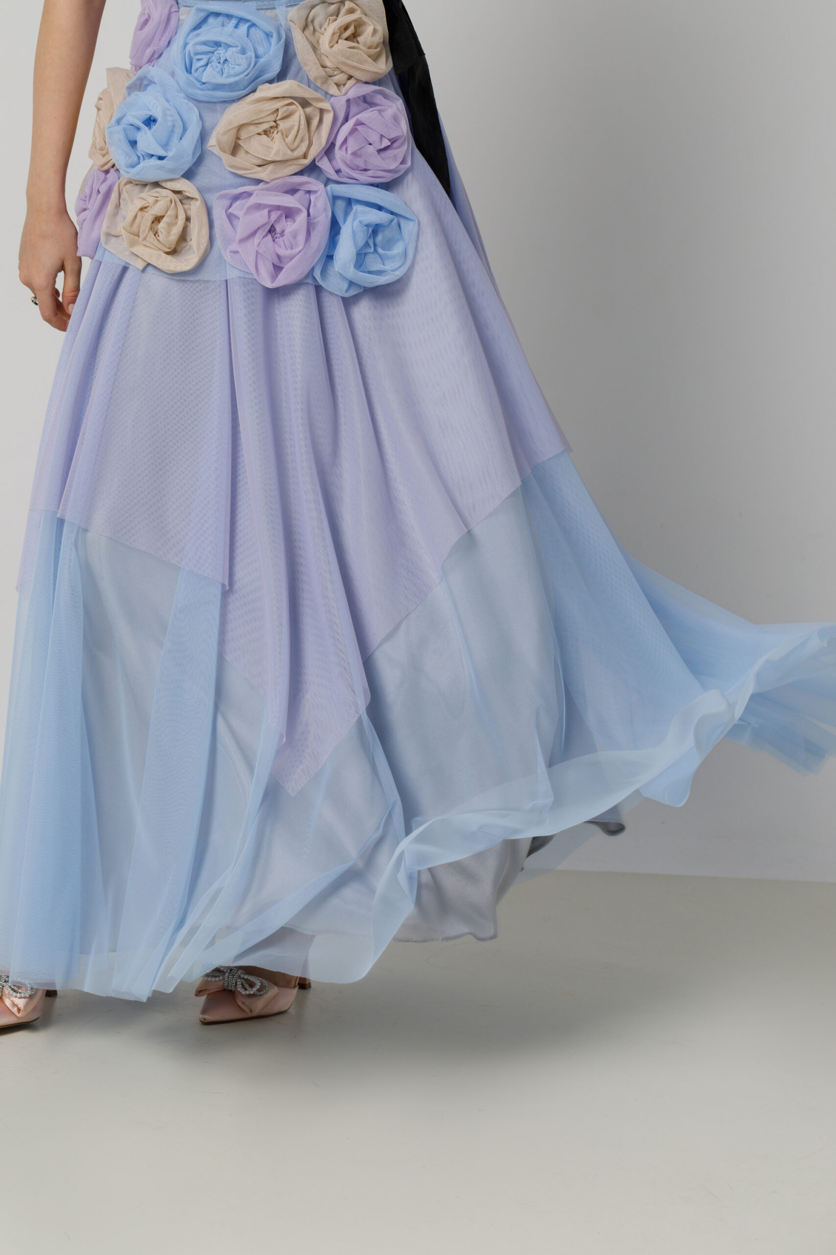 SIMRA elegant dress with volumetric tulle flowers. Natural fabrics, original design, handmade embroidery