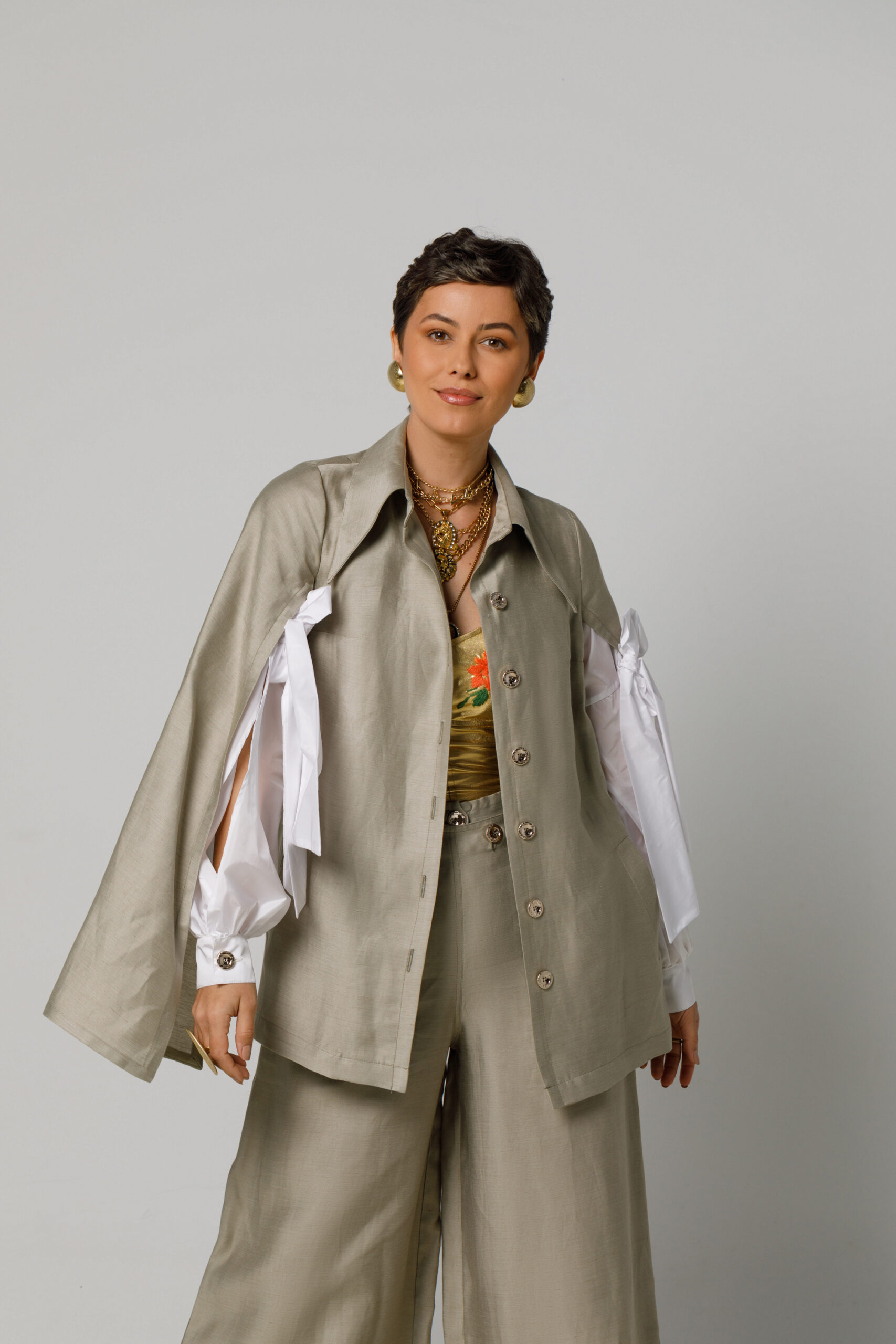ABBY statement linen jacket with bow detail. Natural fabrics, original design, handmade embroidery