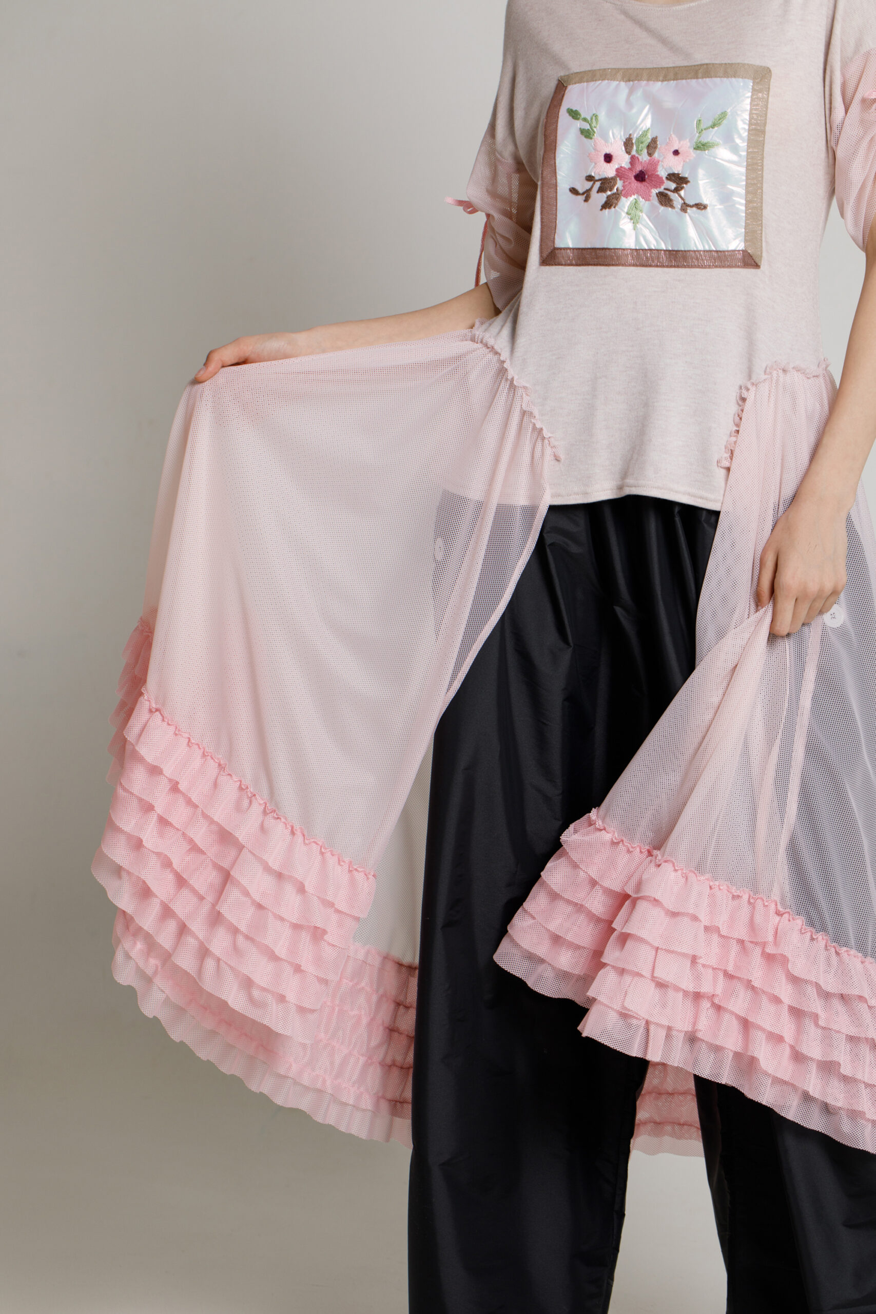 NAVY casual pink blouse with tulle train and ruffles. Natural fabrics, original design, handmade embroidery