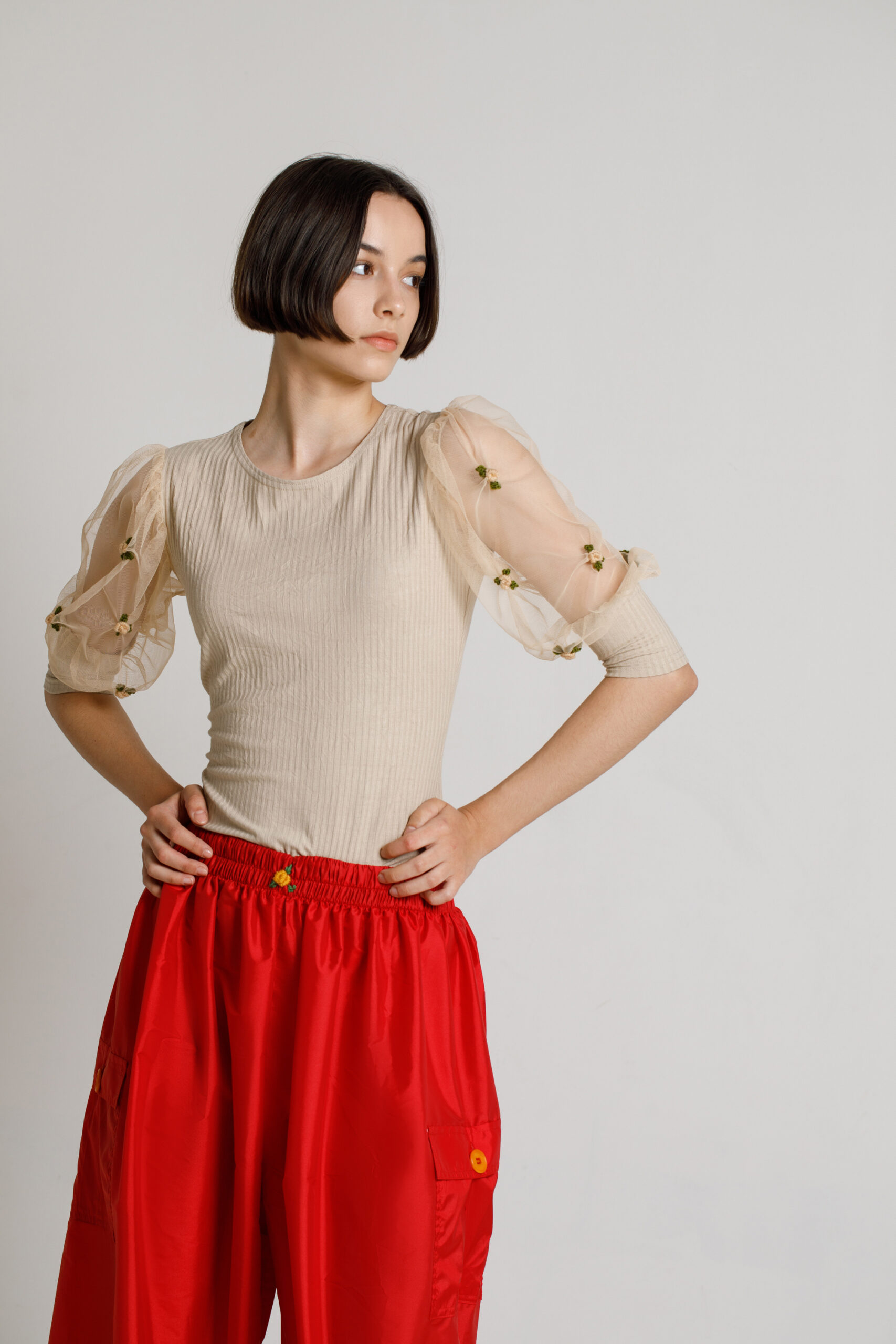 VAS casual BEJ blouse with tulle sleeves. Natural fabrics, original design, handmade embroidery