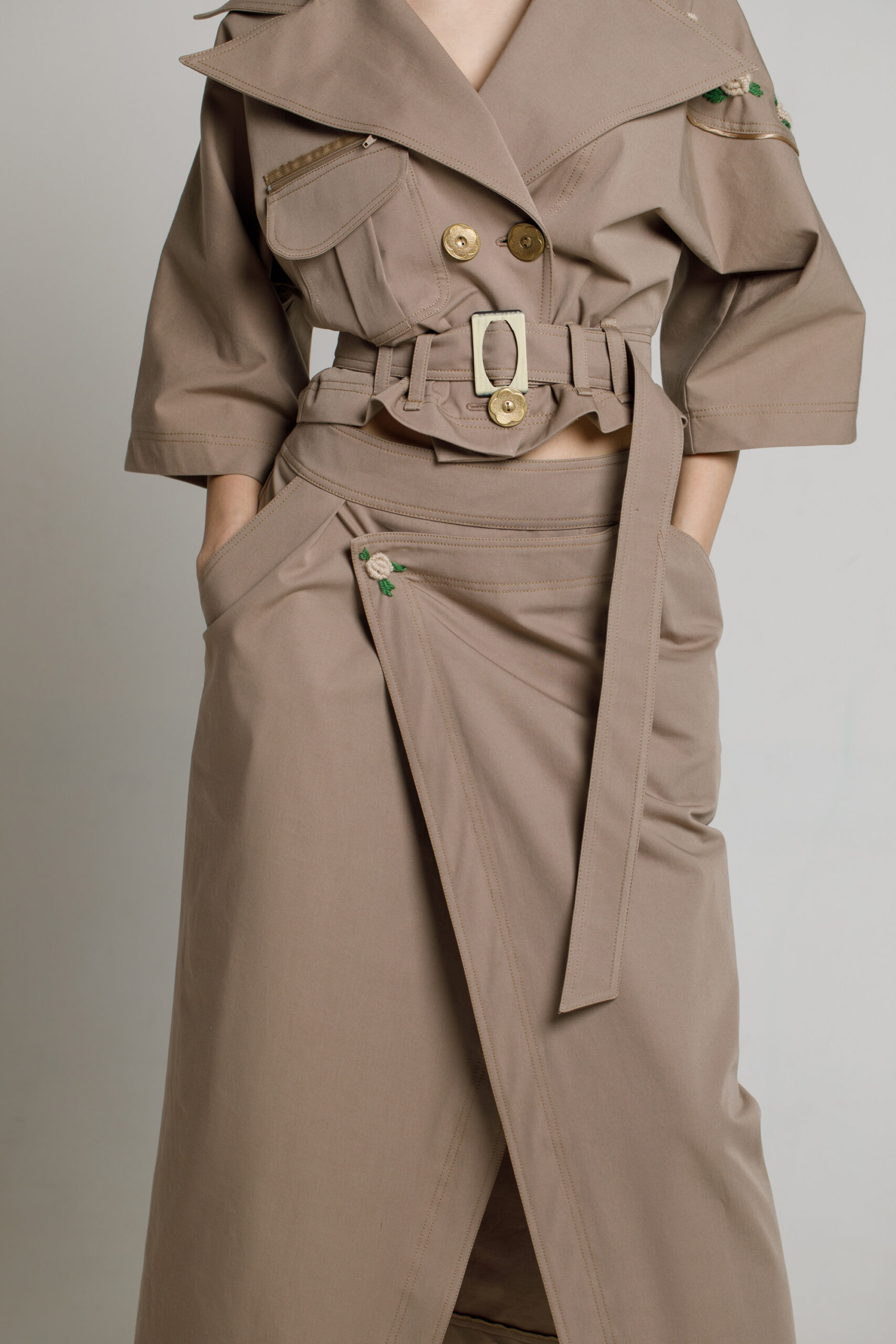 FANNIE casual beige asymmetric skirt. Natural fabrics, original design, handmade embroidery