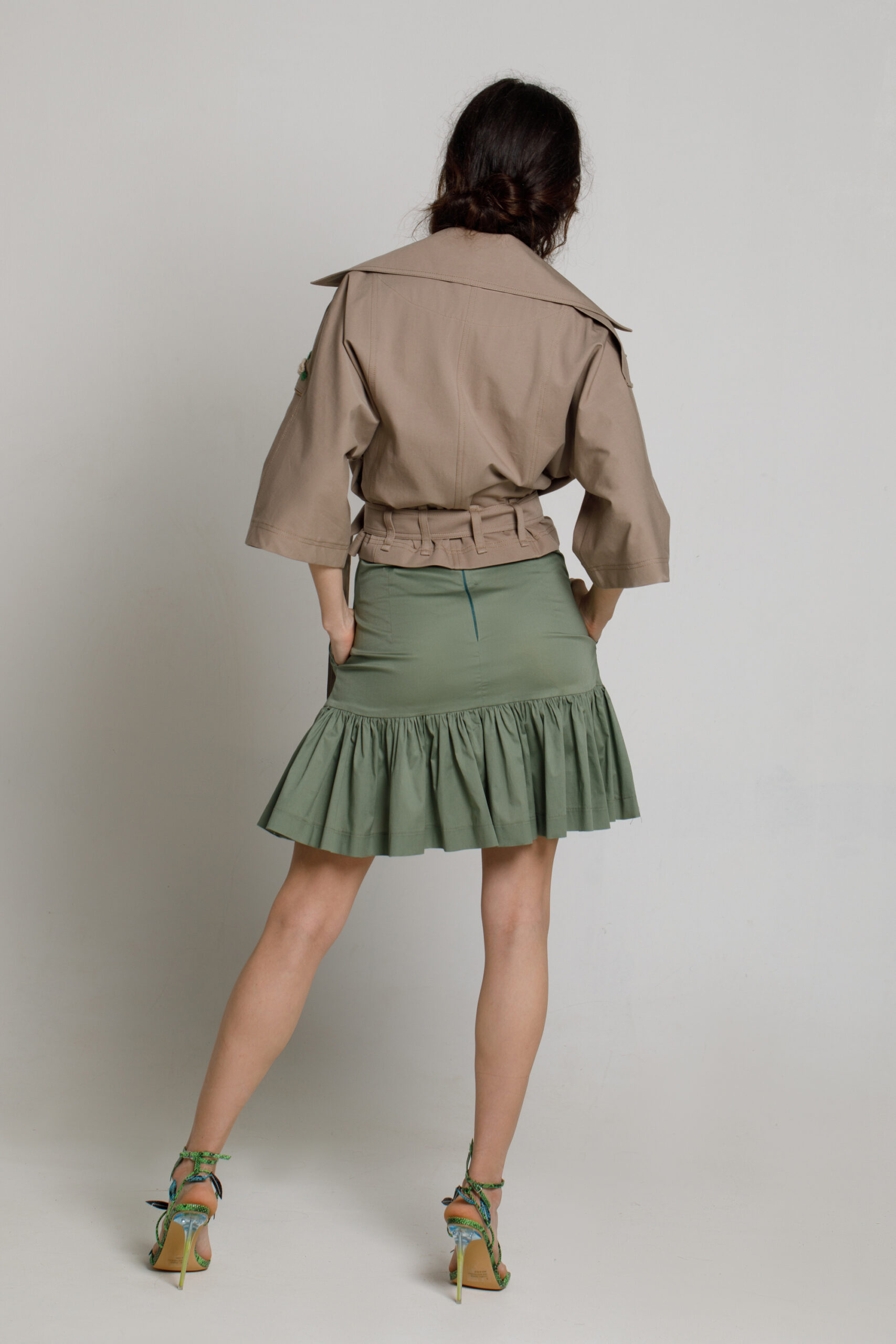 ISTINA short green casual skirt with frill and chains. Natural fabrics, original design, handmade embroidery