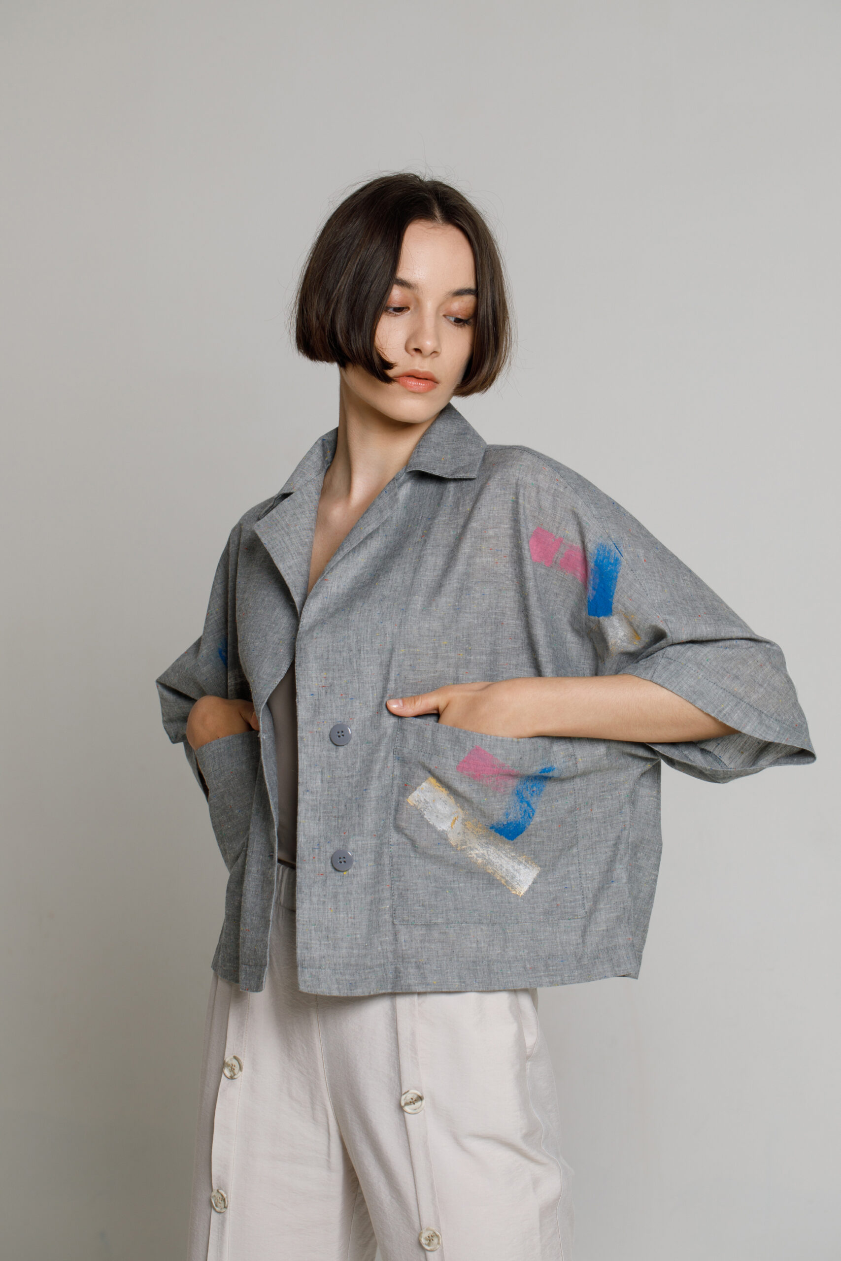 KIT casual gray hand-painted poplin jacket. Natural fabrics, original design, handmade embroidery