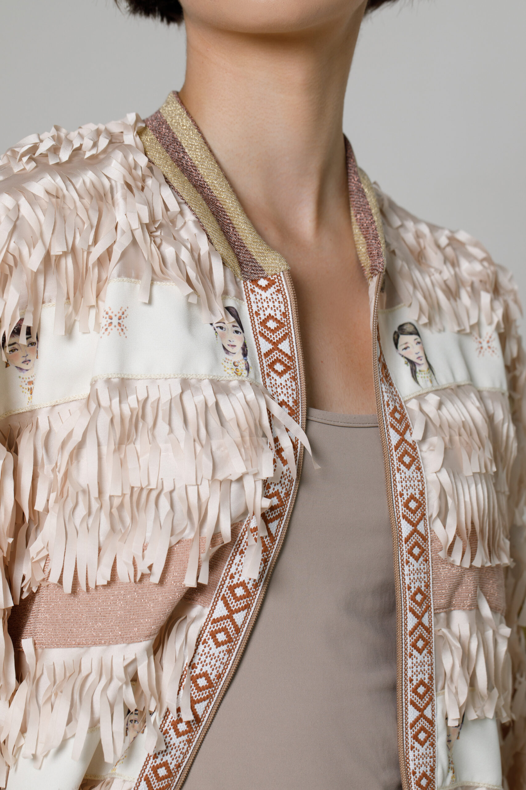 NIABI satin jacket with fringes. Natural fabrics, original design, handmade embroidery