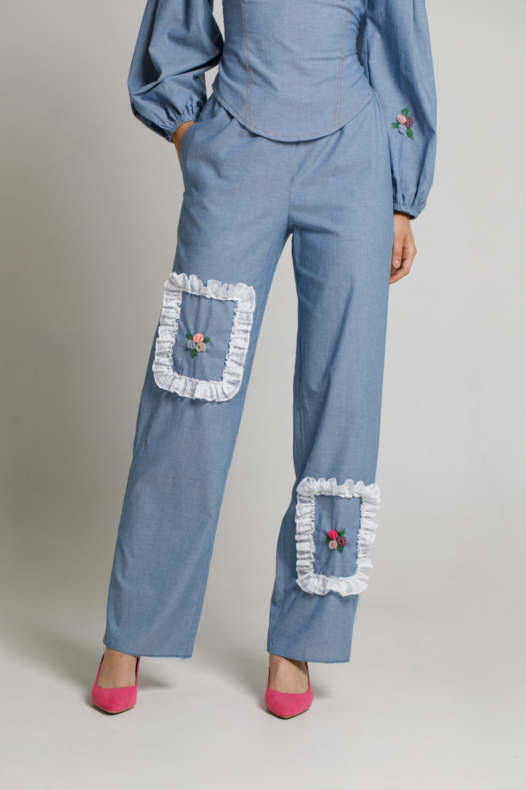 CIELO casual denim pants with lace. Natural fabrics, original design, handmade embroidery