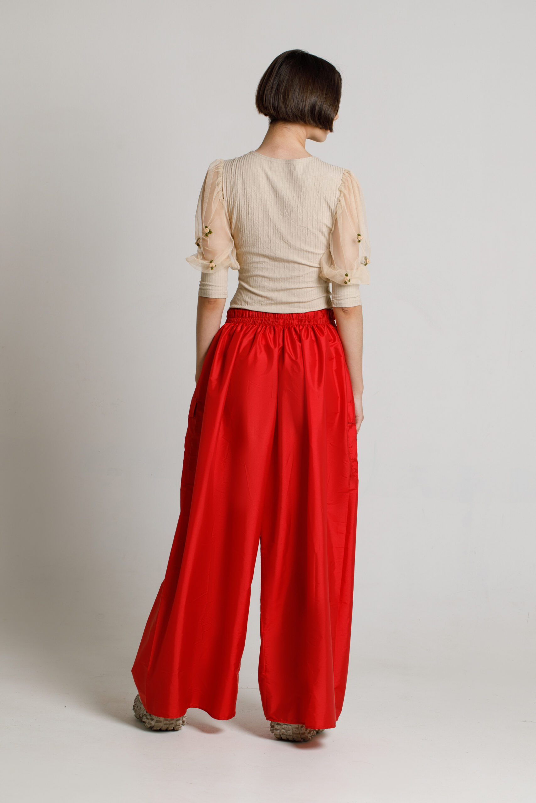 PUFFER casual red mackintosh trousers. Natural fabrics, original design, handmade embroidery
