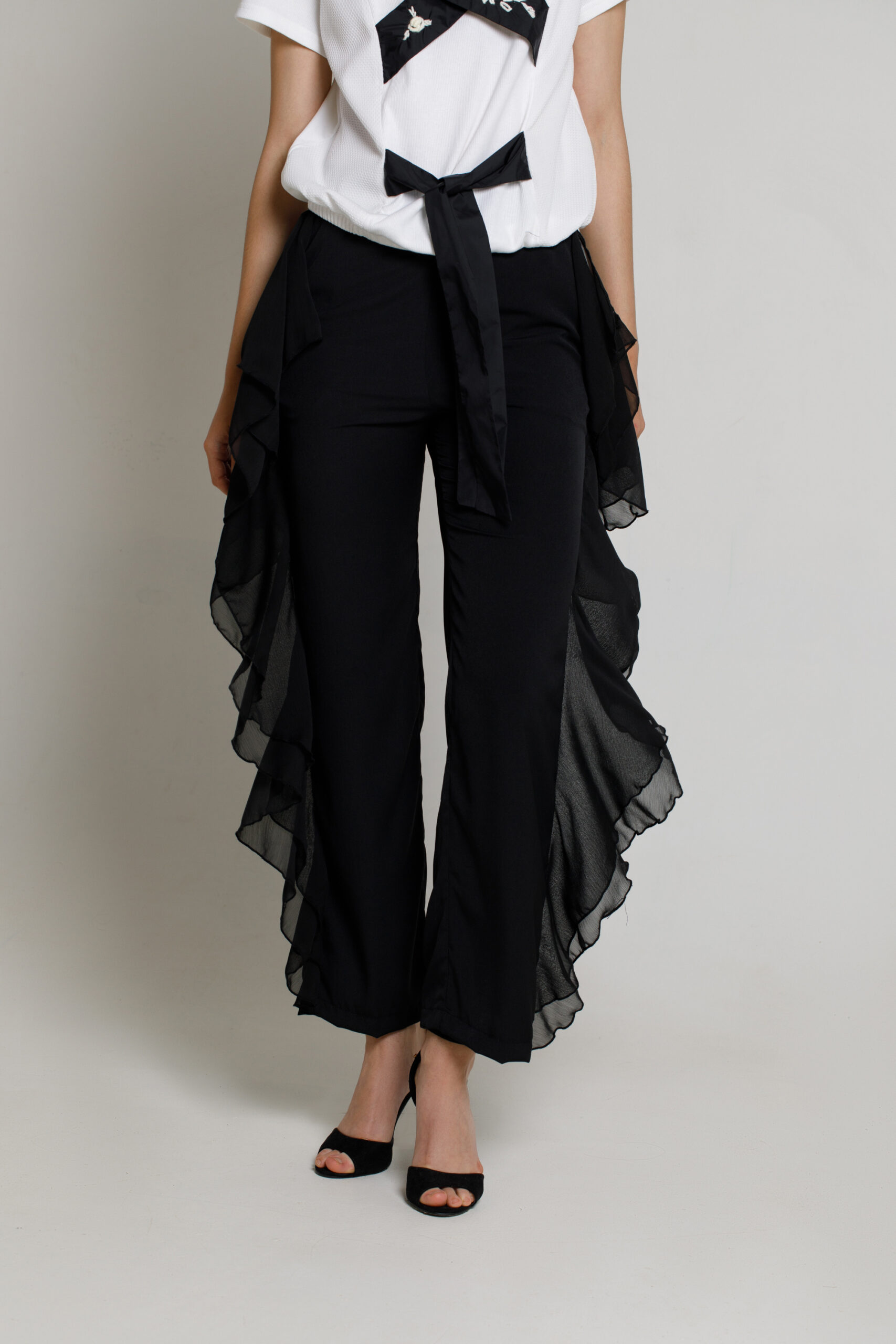 Pantalon SORREL elegant negru din voal si viscoza. Materiale naturale, design unicat, cu broderie si aplicatii handmade