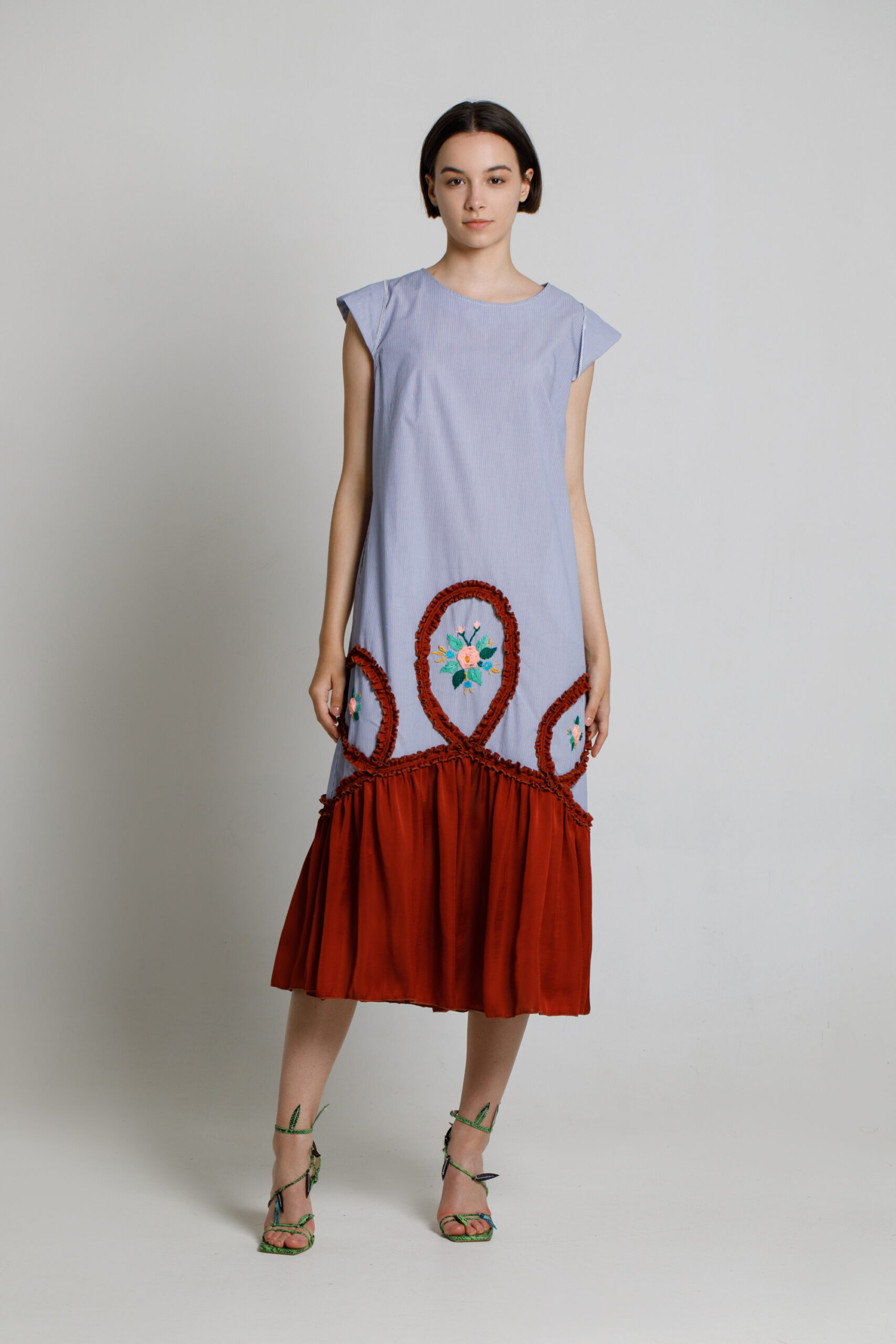 CELLA casual poplin and satin dress. Natural fabrics, original design, handmade embroidery