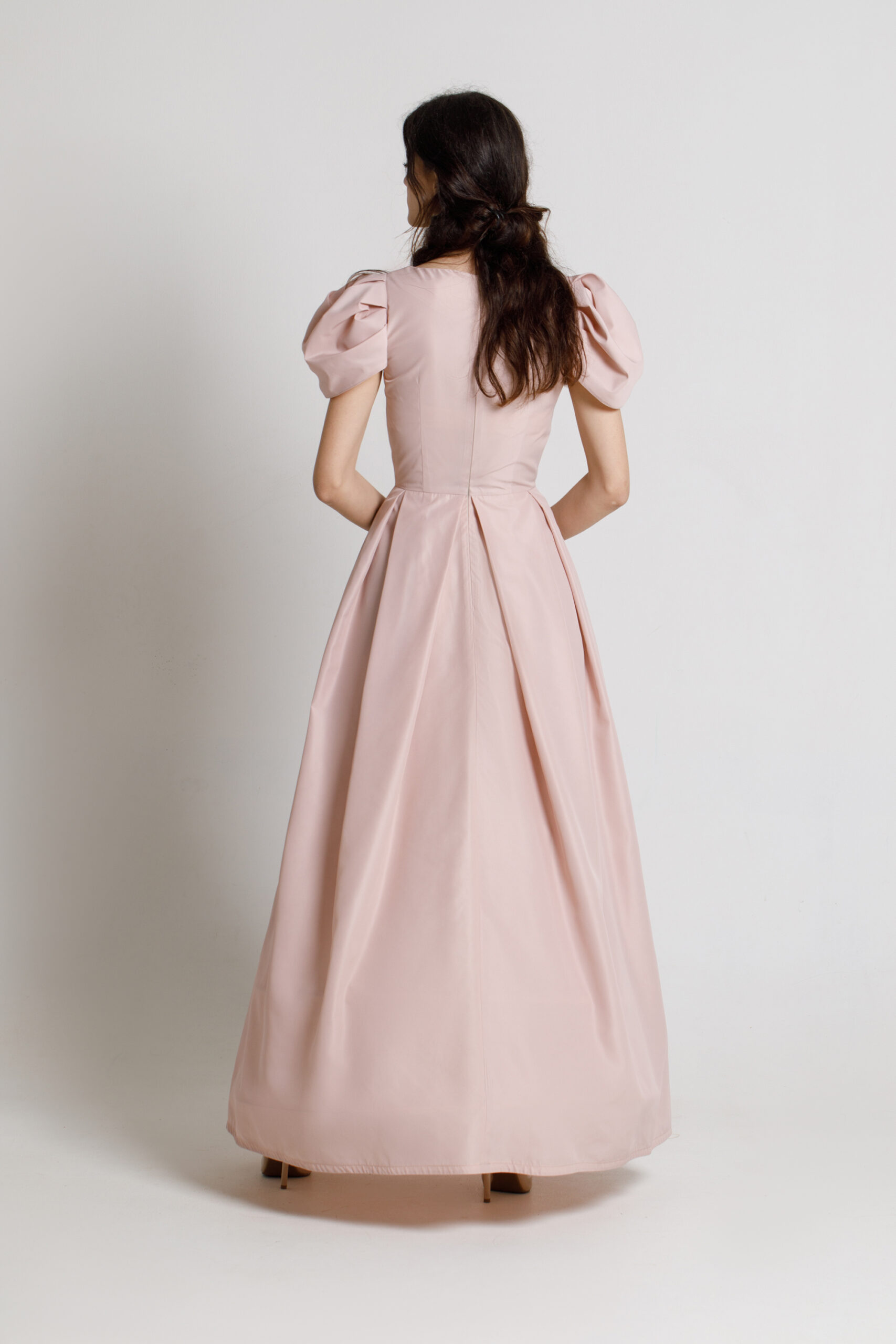 CHLOE elegant powder pink taffeta dress with crinoline. Natural fabrics, original design, handmade embroidery