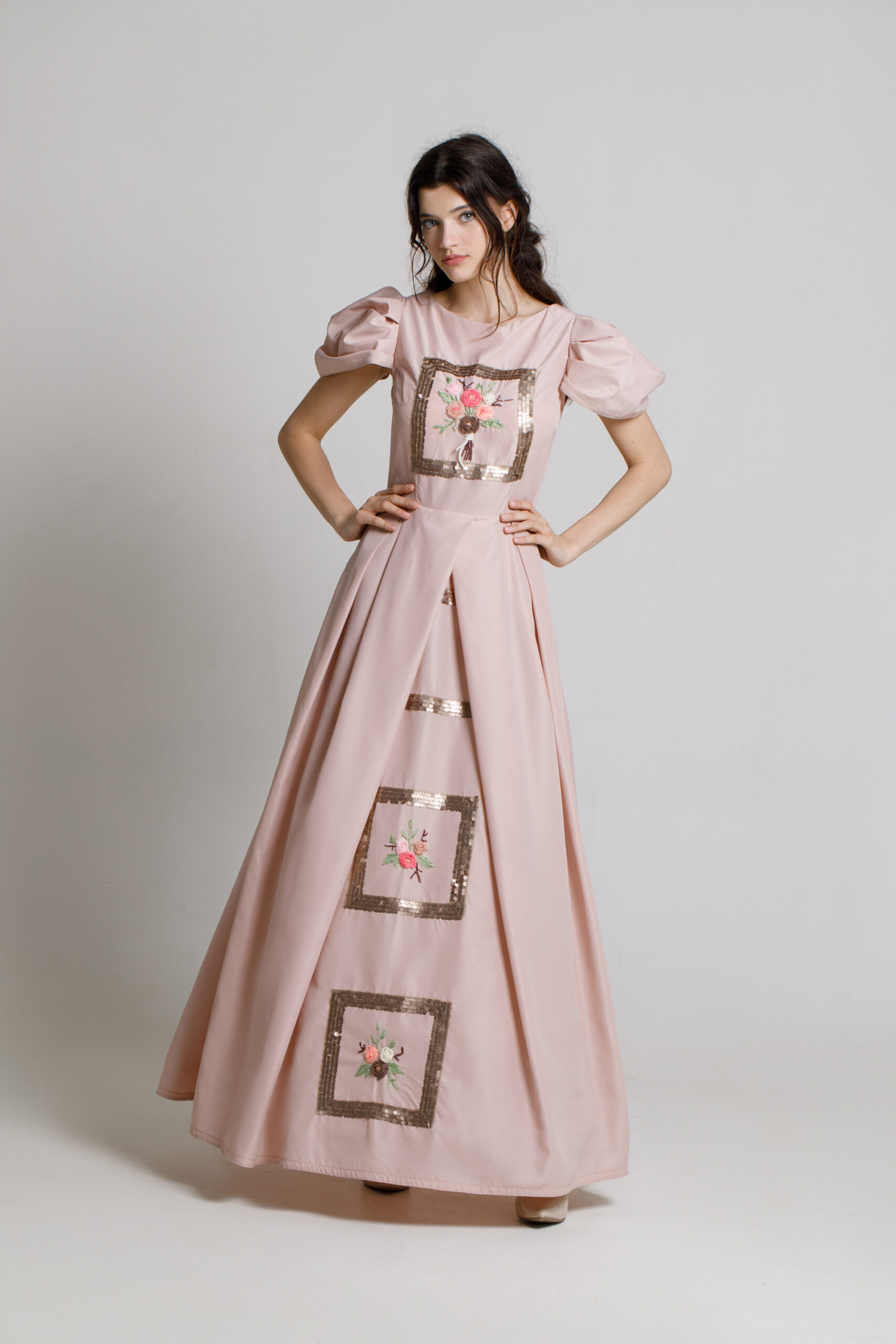 CHLOE elegant powder pink taffeta dress with crinoline. Natural fabrics, original design, handmade embroidery