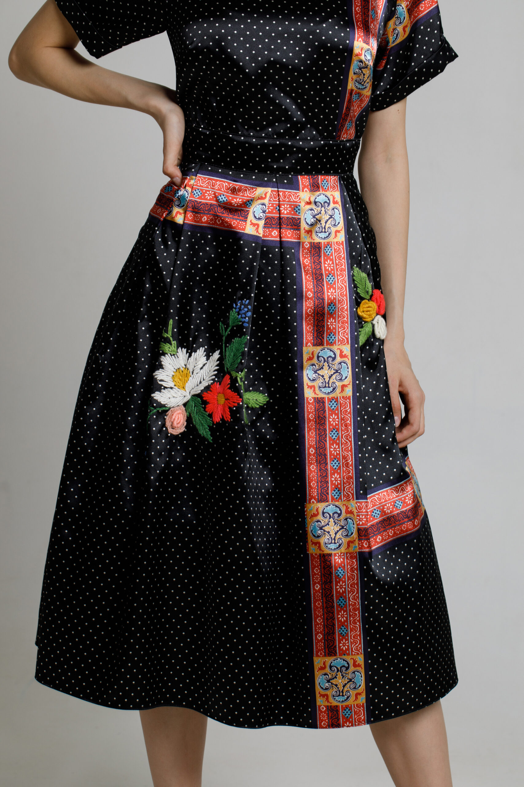 DONATELLA elegant black satin dress. Natural fabrics, original design, handmade embroidery