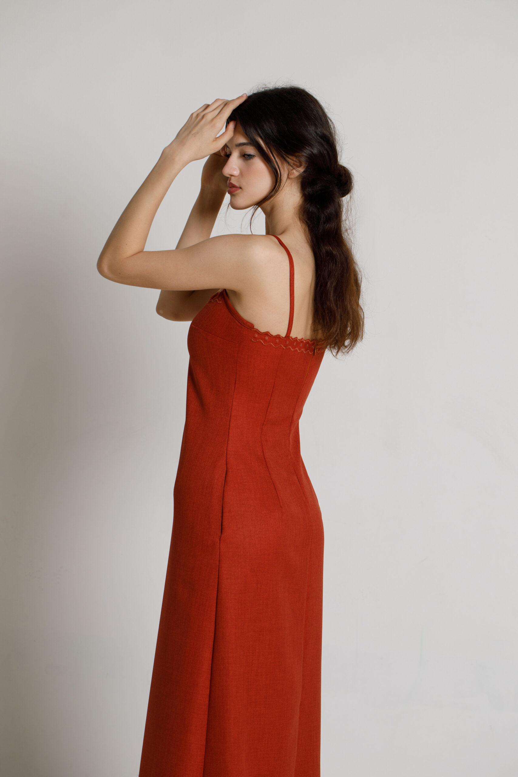 LOUISIANA Casual dress made of brick red linen material. Natural fabrics, original design, handmade embroidery