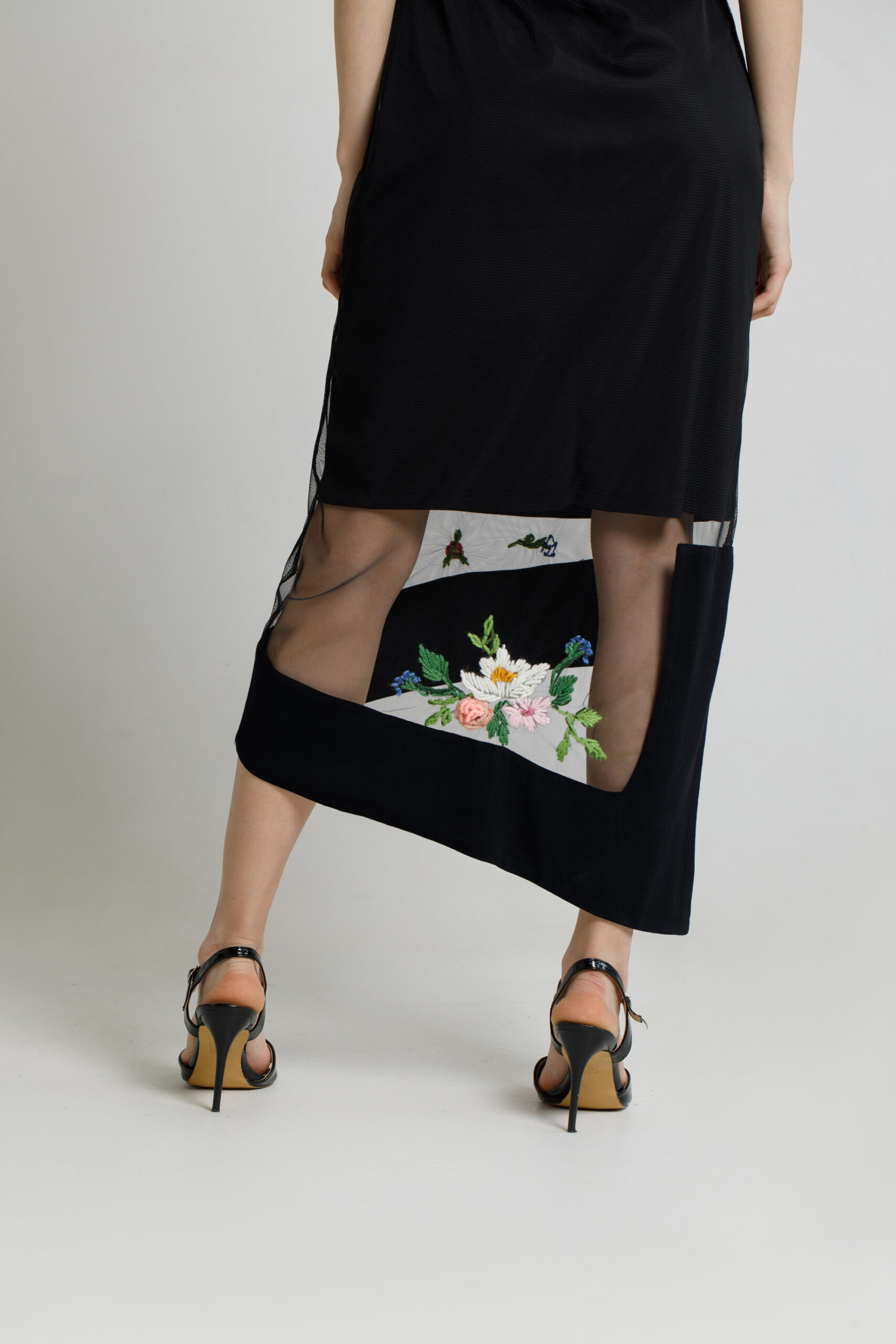 MARDI elegant black asymmetric dress with embroidered tulle. Natural fabrics, original design, handmade embroidery