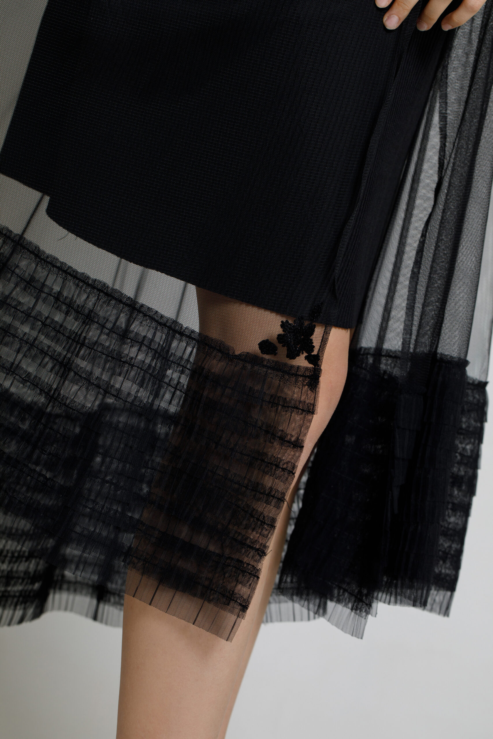 NAVY Elegant black dress with tulle train. Natural fabrics, original design, handmade embroidery