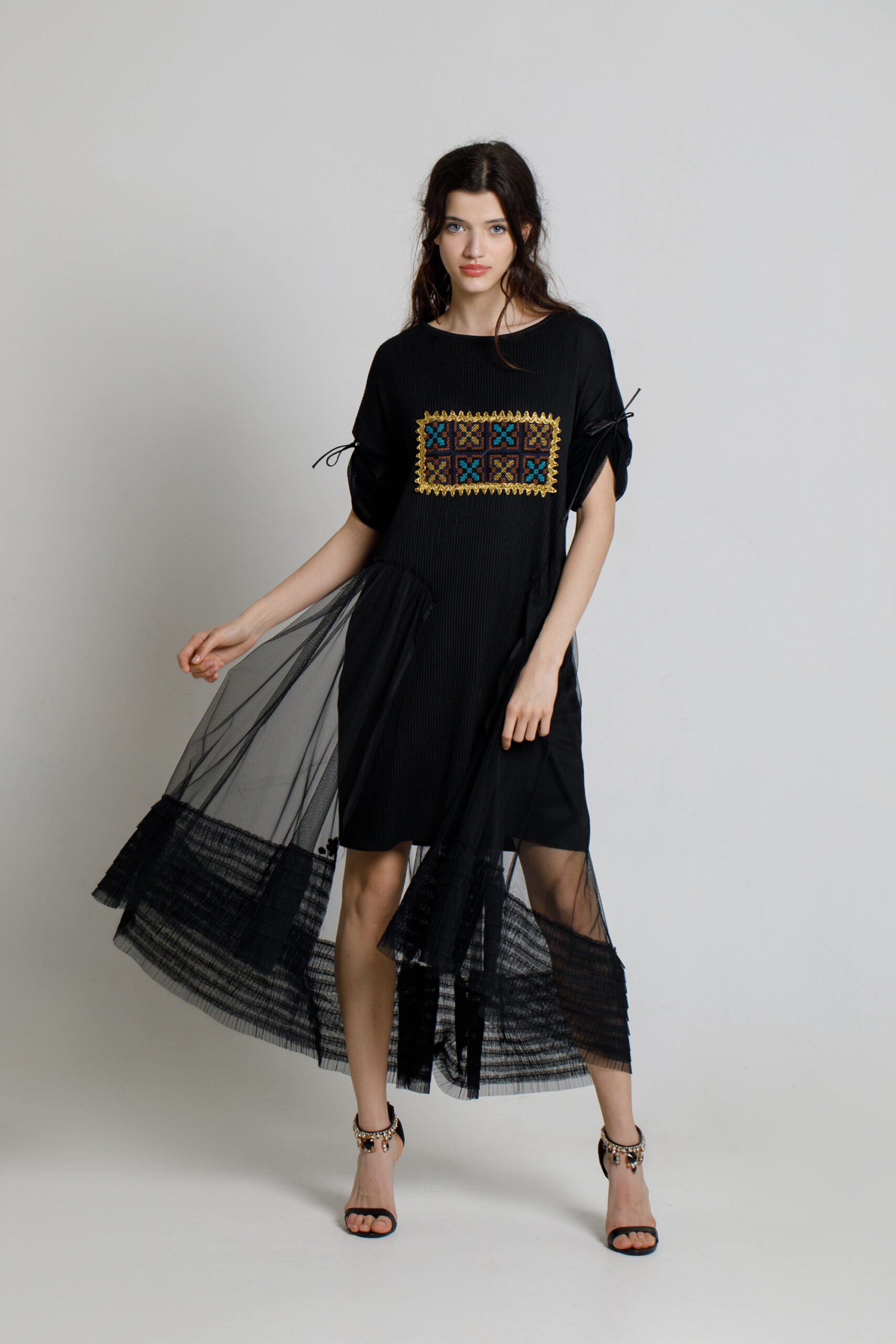 NAVY Elegant black dress with tulle train. Natural fabrics, original design, handmade embroidery