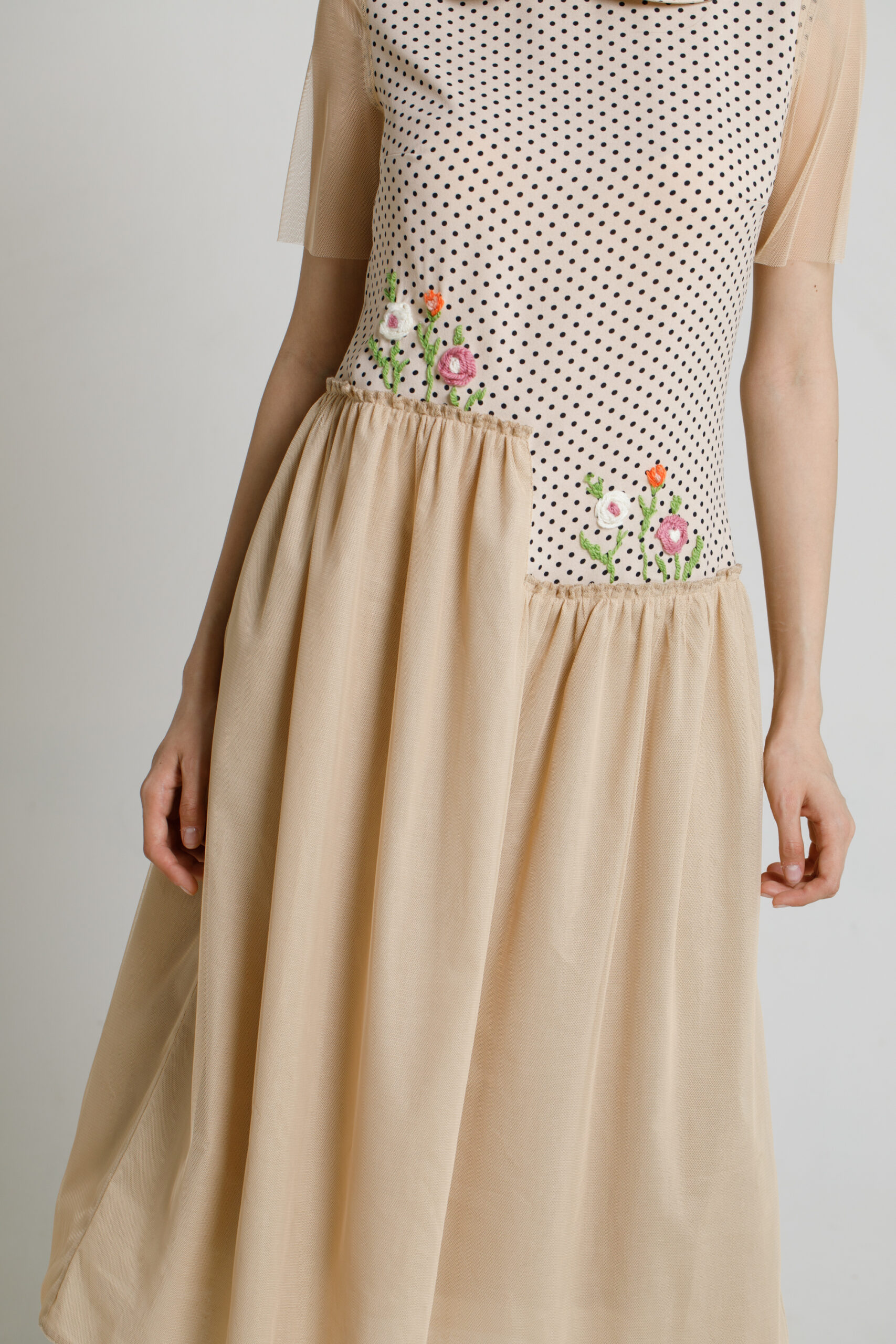 PALMA casual beige asymmetric dress. Natural fabrics, original design, handmade embroidery