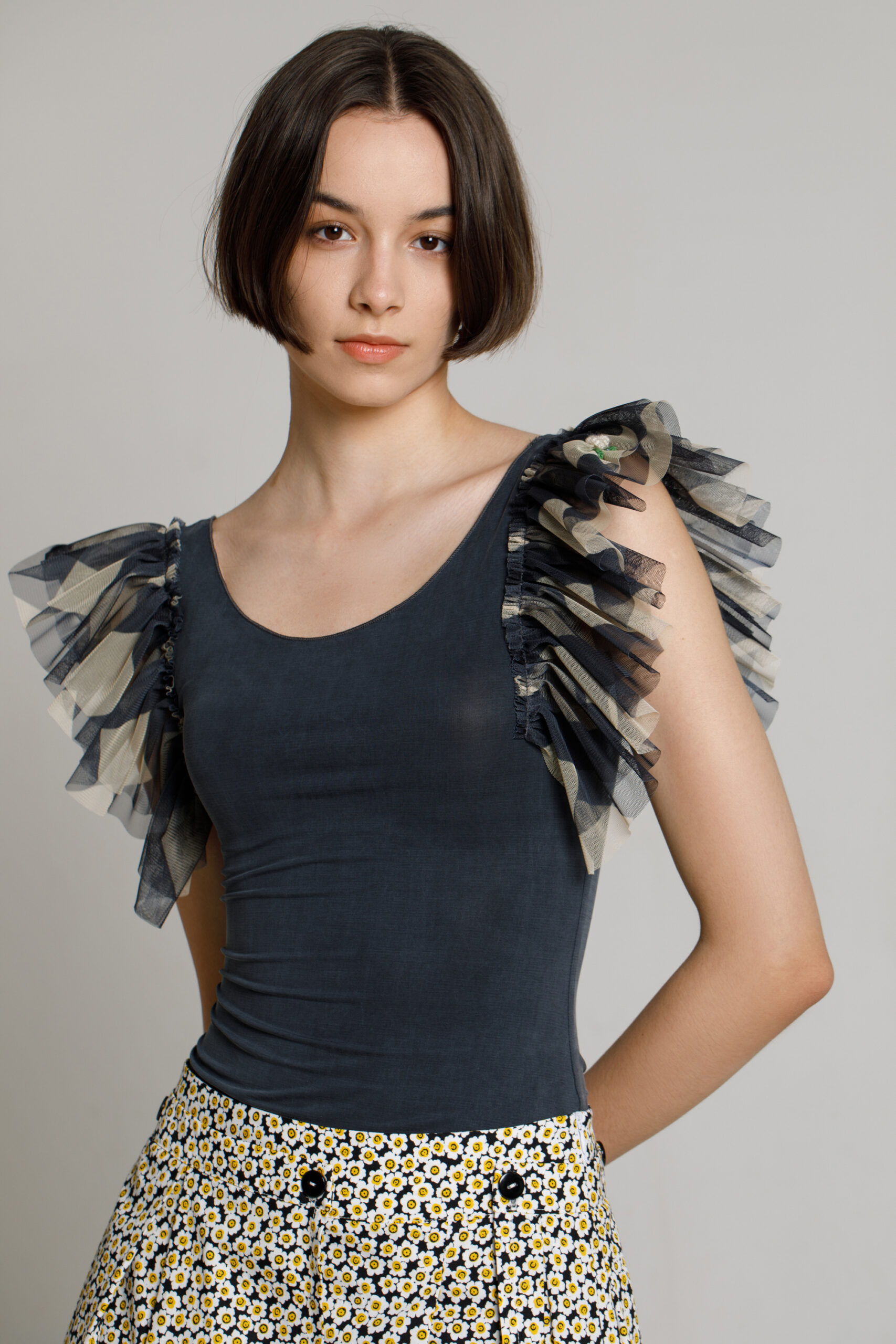 LANO casual top in lycra and tulle. Natural fabrics, original design, handmade embroidery